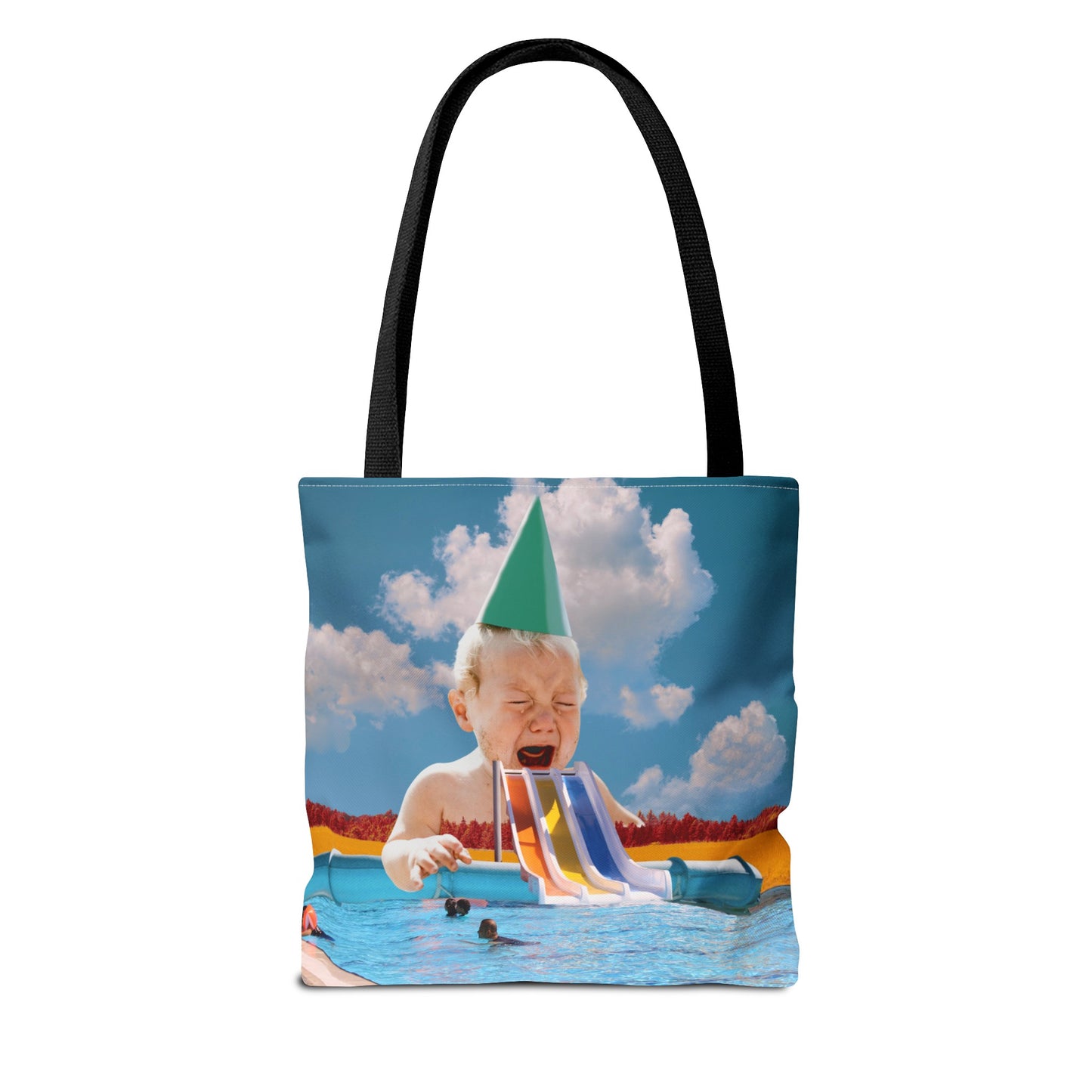 Vibrant Pool Party Beach Tote Bag - Surreal Art Print - Giant Baby and Colorful Pool Slide