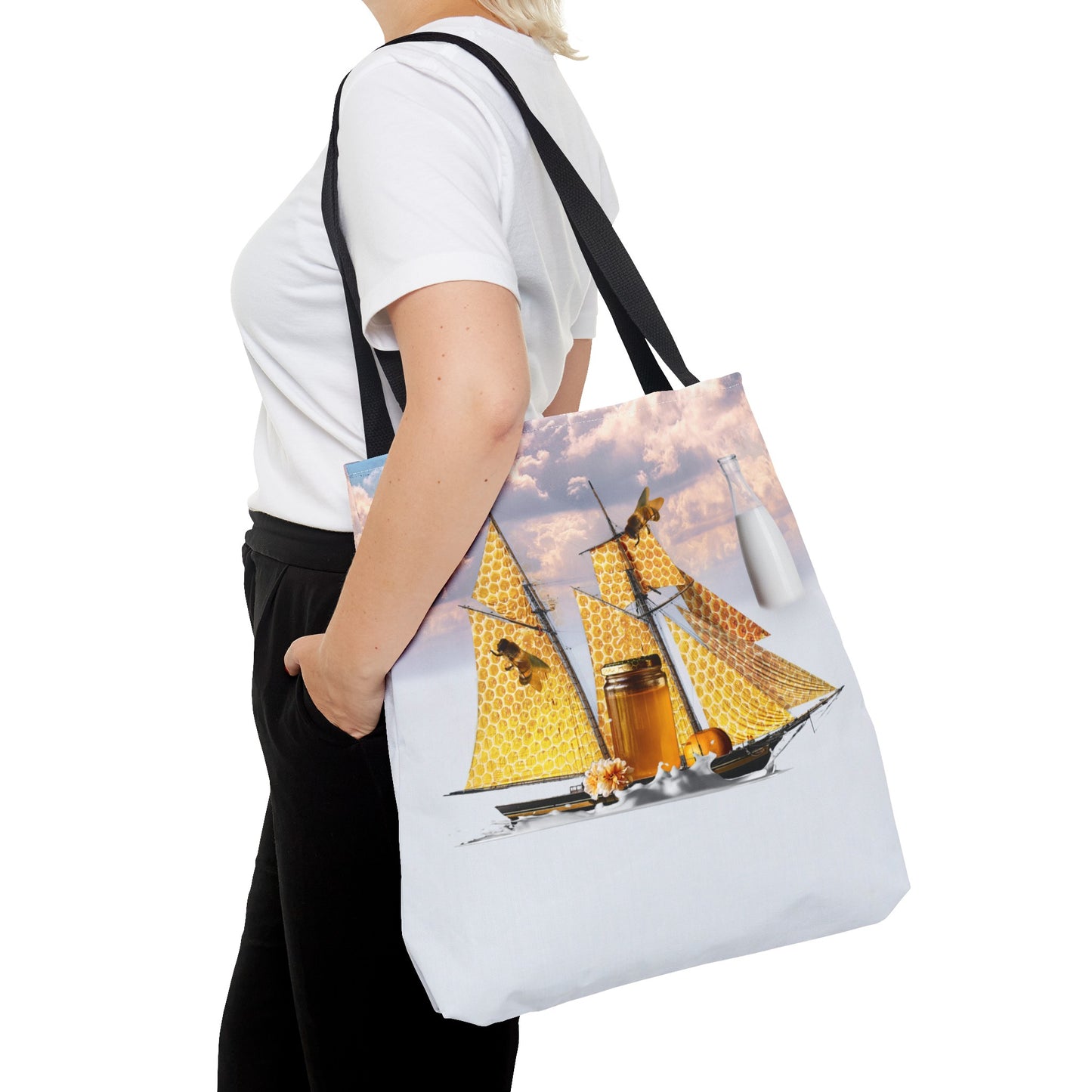 Tote Bag, Bees at Sea on Honeycomb Ship 'Milk & Honey' Surreal Whimsical Collage Art