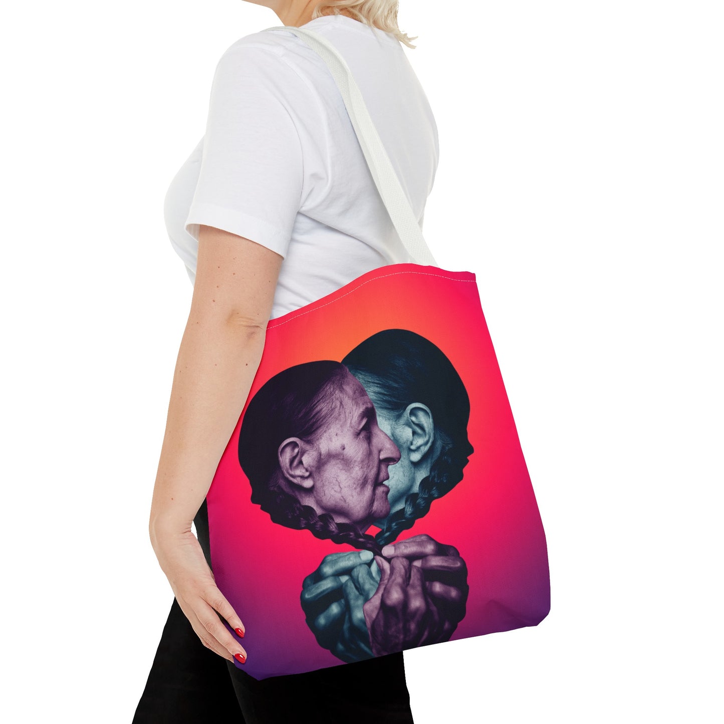 Mesmerizing Collage Art Tote Bag "Keeping Secrets" - Woman Whispering Secret into Her Own Ear