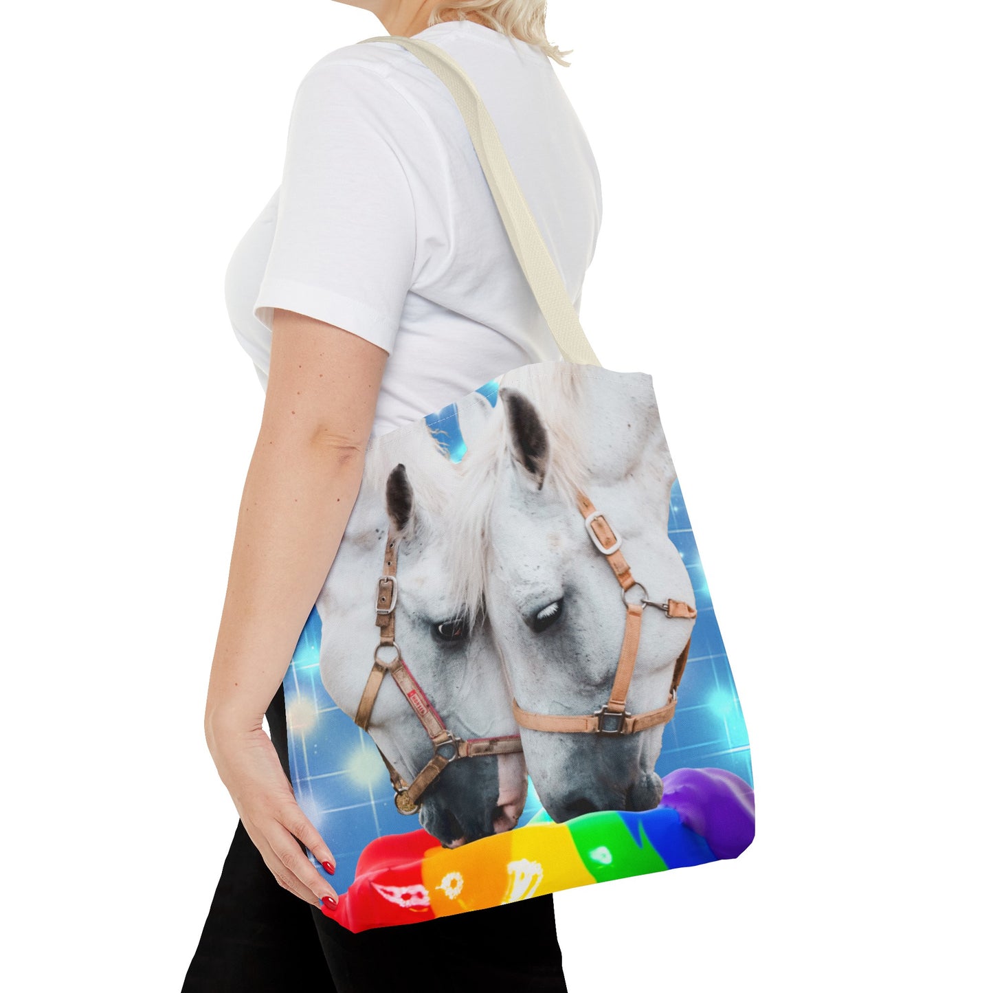 Unique Tote Bag "Pooping Rainbows" Art - White Horses Eating Rainbow Feed