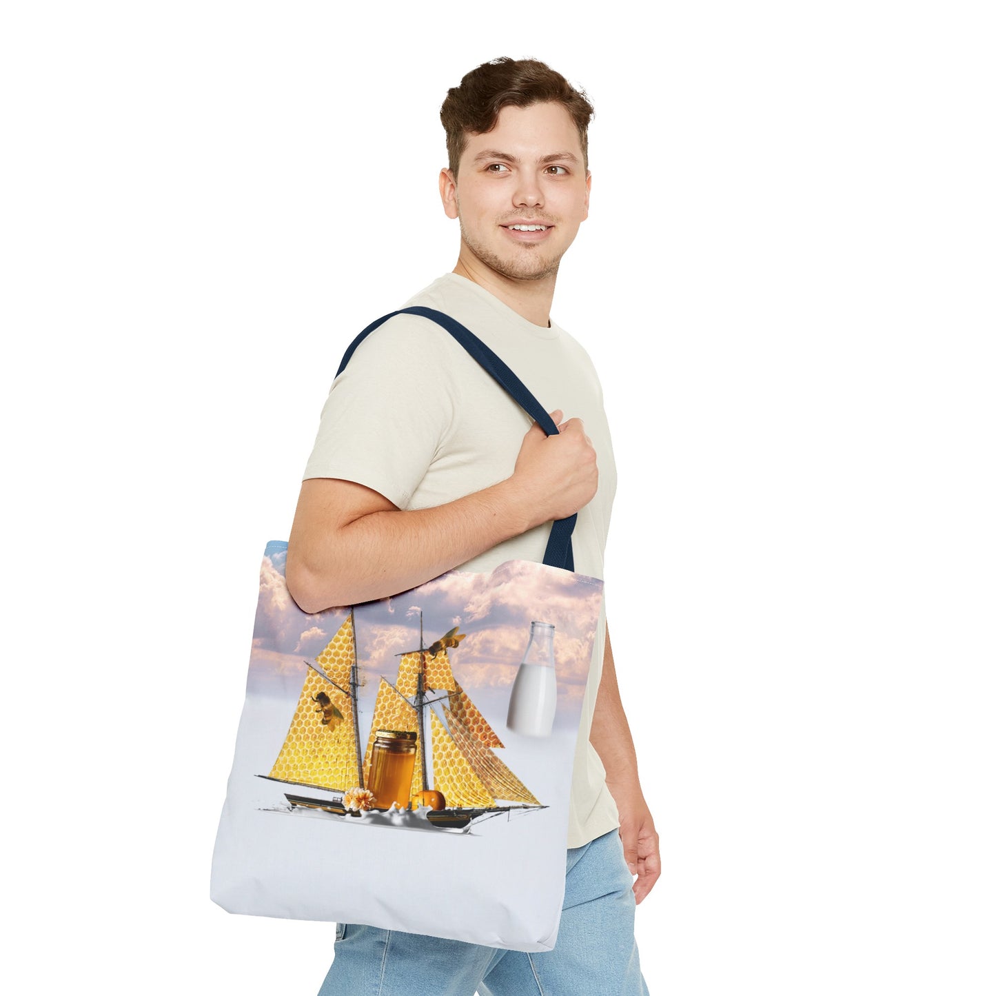 Tote Bag, Bees at Sea on Honeycomb Ship 'Milk & Honey' Surreal Whimsical Collage Art