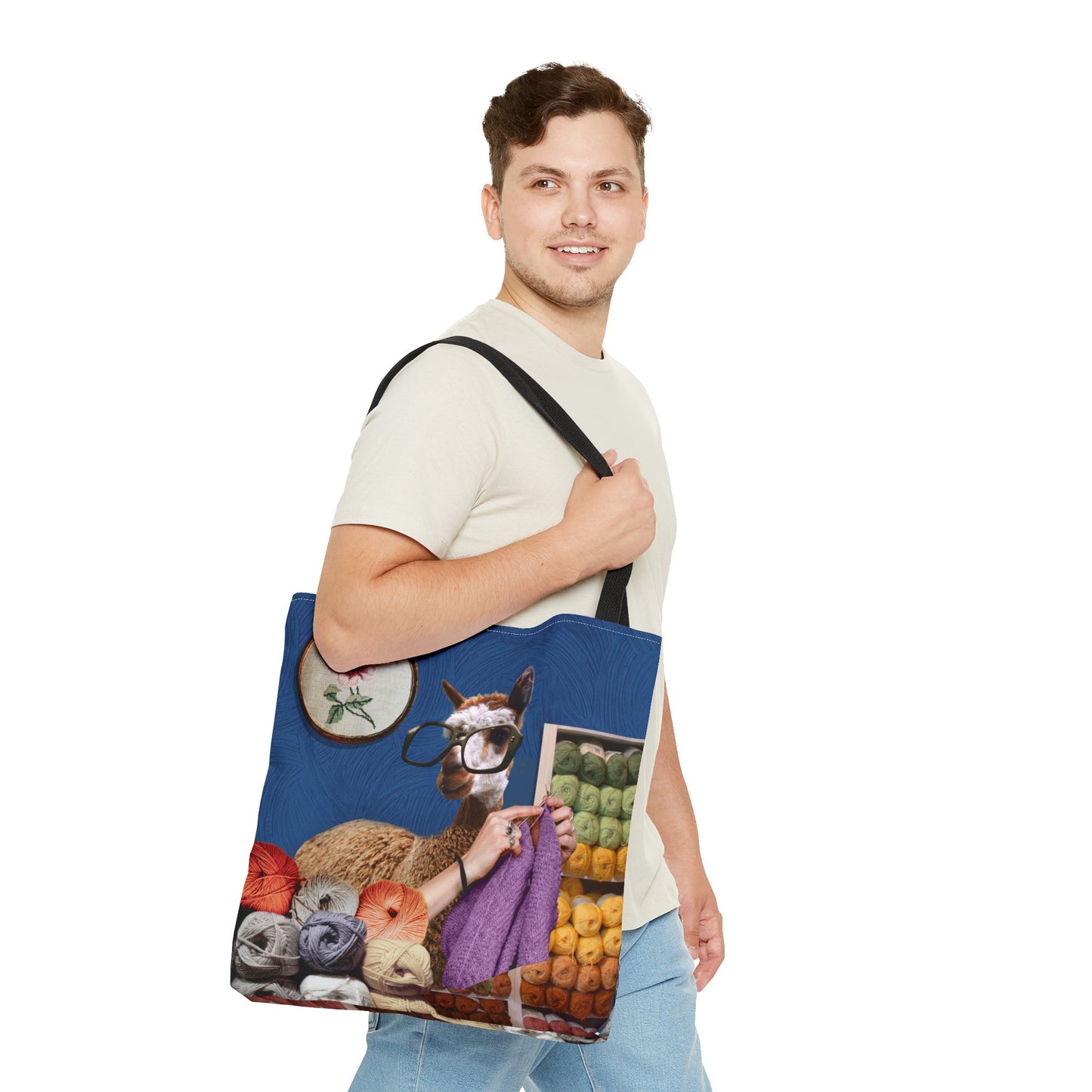 Whimsical Funky Llama Tote Bag: "Llama Tried" - Wearing Glasses and Knitting in Yarn Shop