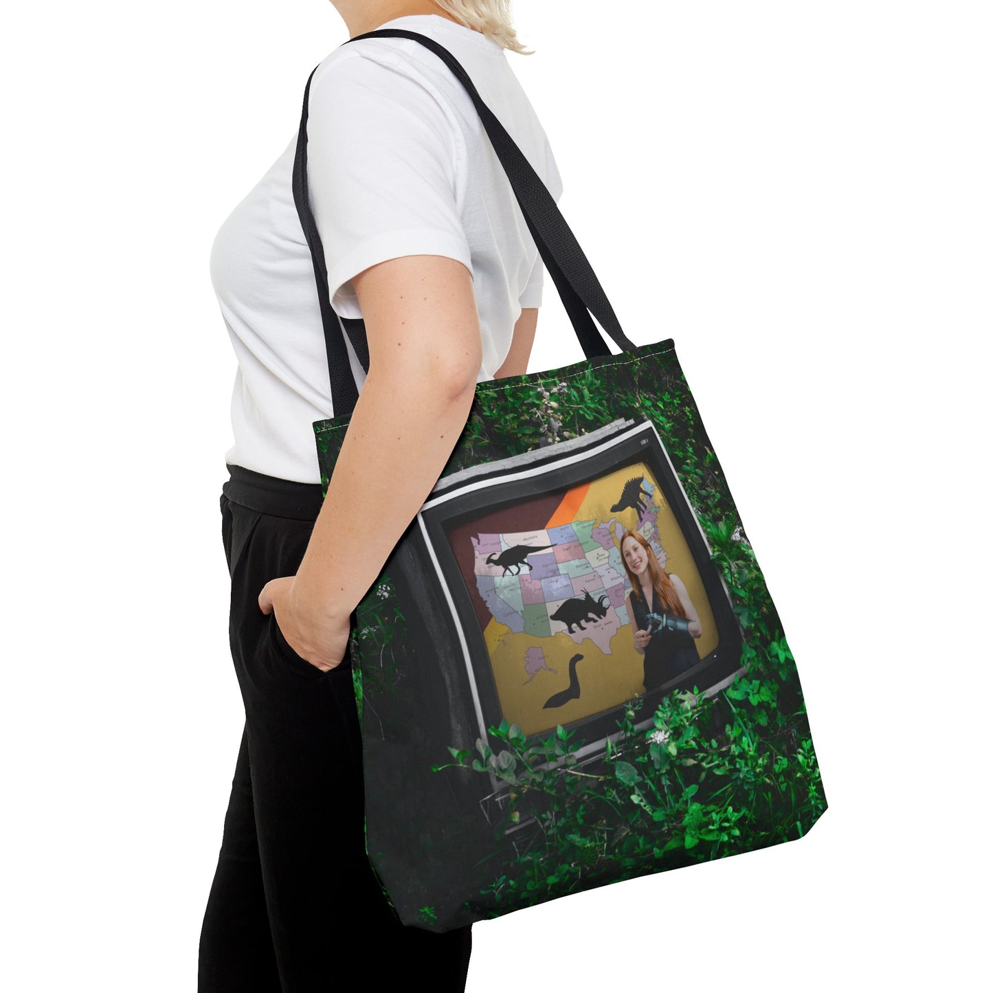 Unique Dystopian TV Scene Tote Bag with Weather Girl & Dinosaurs Map