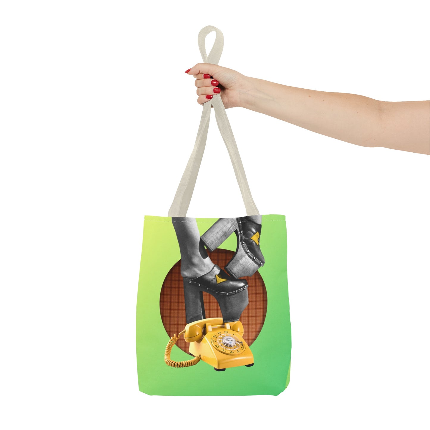 Playful Tote Bag with Collage Art "Hold My Calls" - 70's Platform Shoes and Yellow Rotary Phone