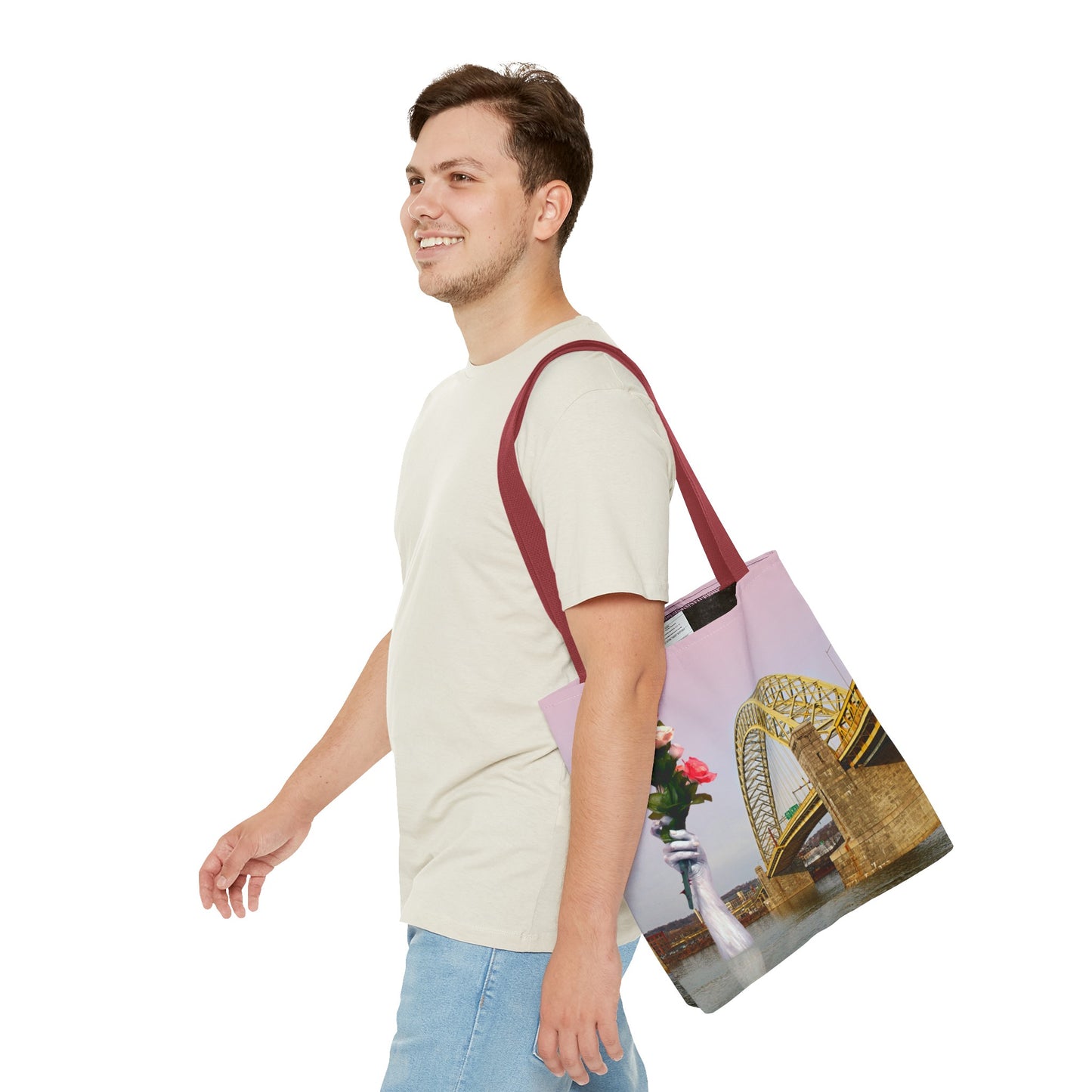 Romantic Tote Bag for Valentine's and Long-Distance Lovers: A Bridge Too Far Design with Flowers