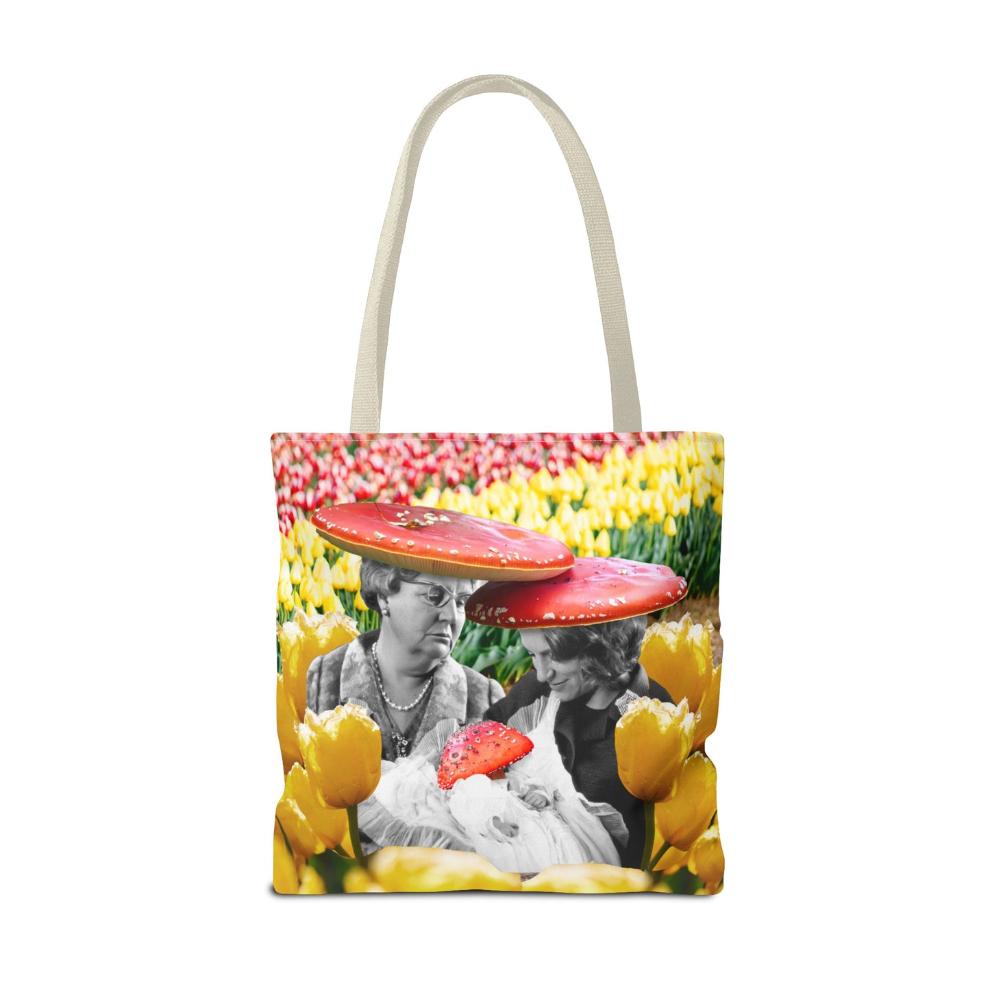 Happy Mushroom Family All Over Print Tote Bag - Surreal Collage Art "Nana's Little Mushroom" in a Field of Tulips