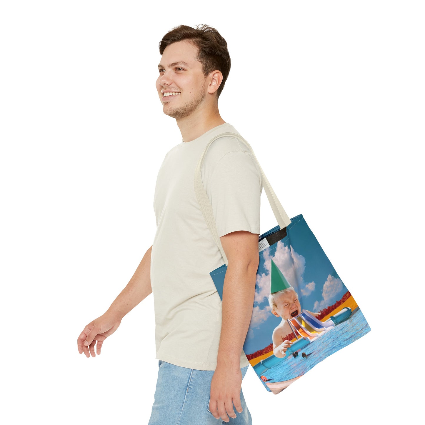 Vibrant Pool Party Beach Tote Bag - Surreal Art Print - Giant Baby and Colorful Pool Slide