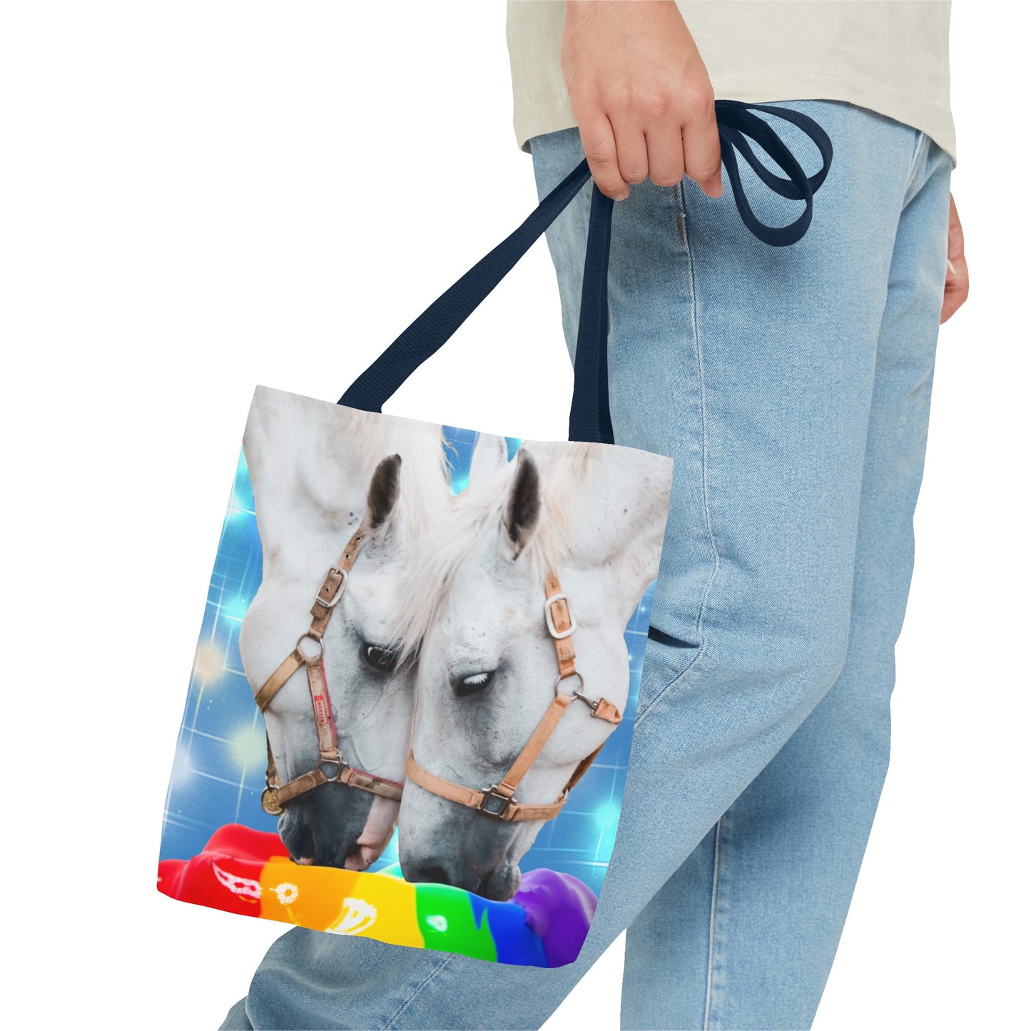 Unique Tote Bag "Pooping Rainbows" Art - White Horses Eating Rainbow Feed
