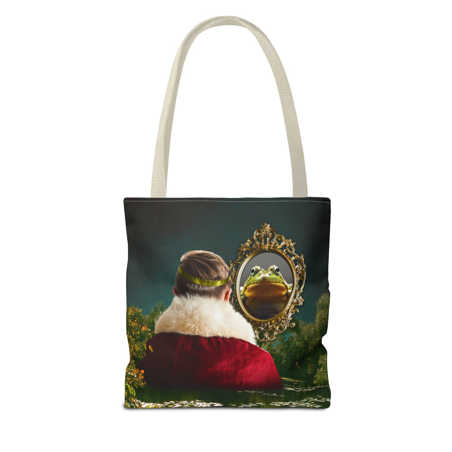 Frog Prince Reflection Tote Bag - Mystic Wetlands Collage Art Print
