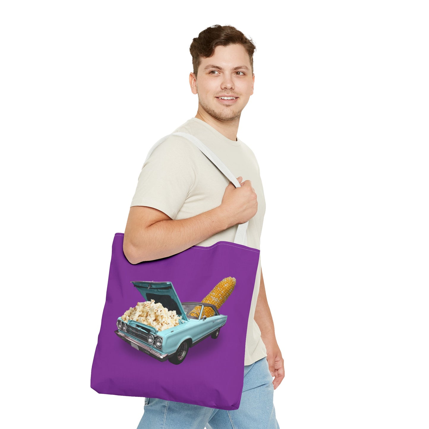 Quirky Tote Bag with Surreal Popcorn Car Art Print - Poppin' Ride