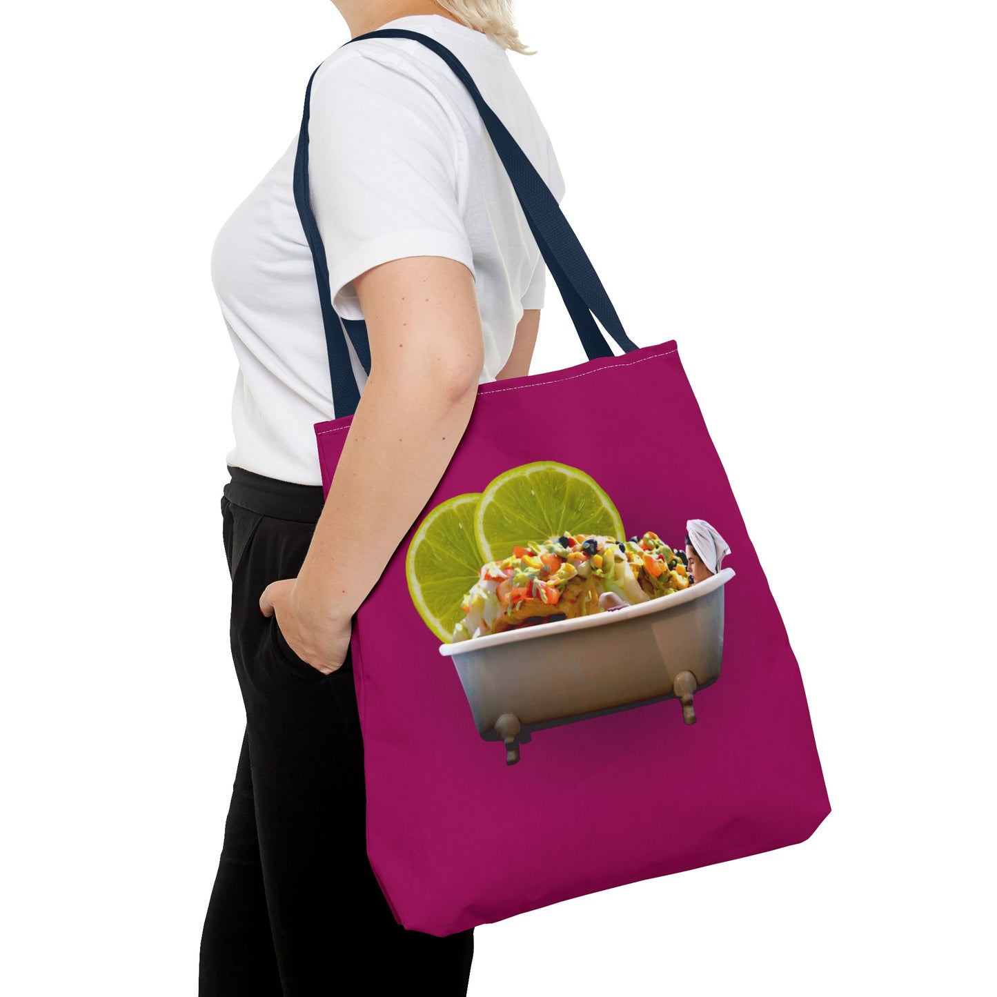 Food Lover's Delight: Woman Soaking in Bathtub with Burrito Tote Bag