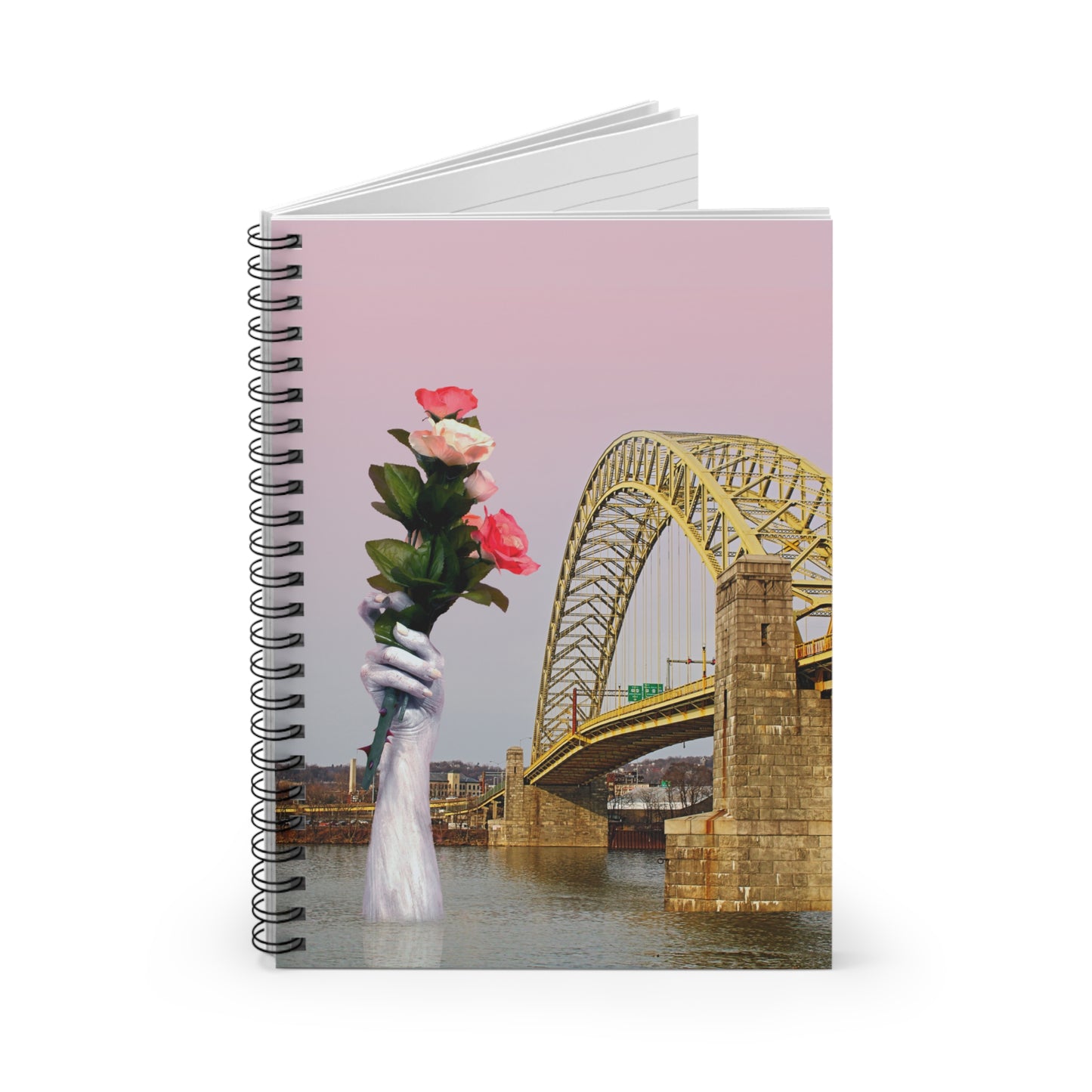 Yellow Bridge Journal with Pink Sky, Perfect Valentine's Day Gift, Spiral Notebook for Romantic Souls and Long Distance Lovers
