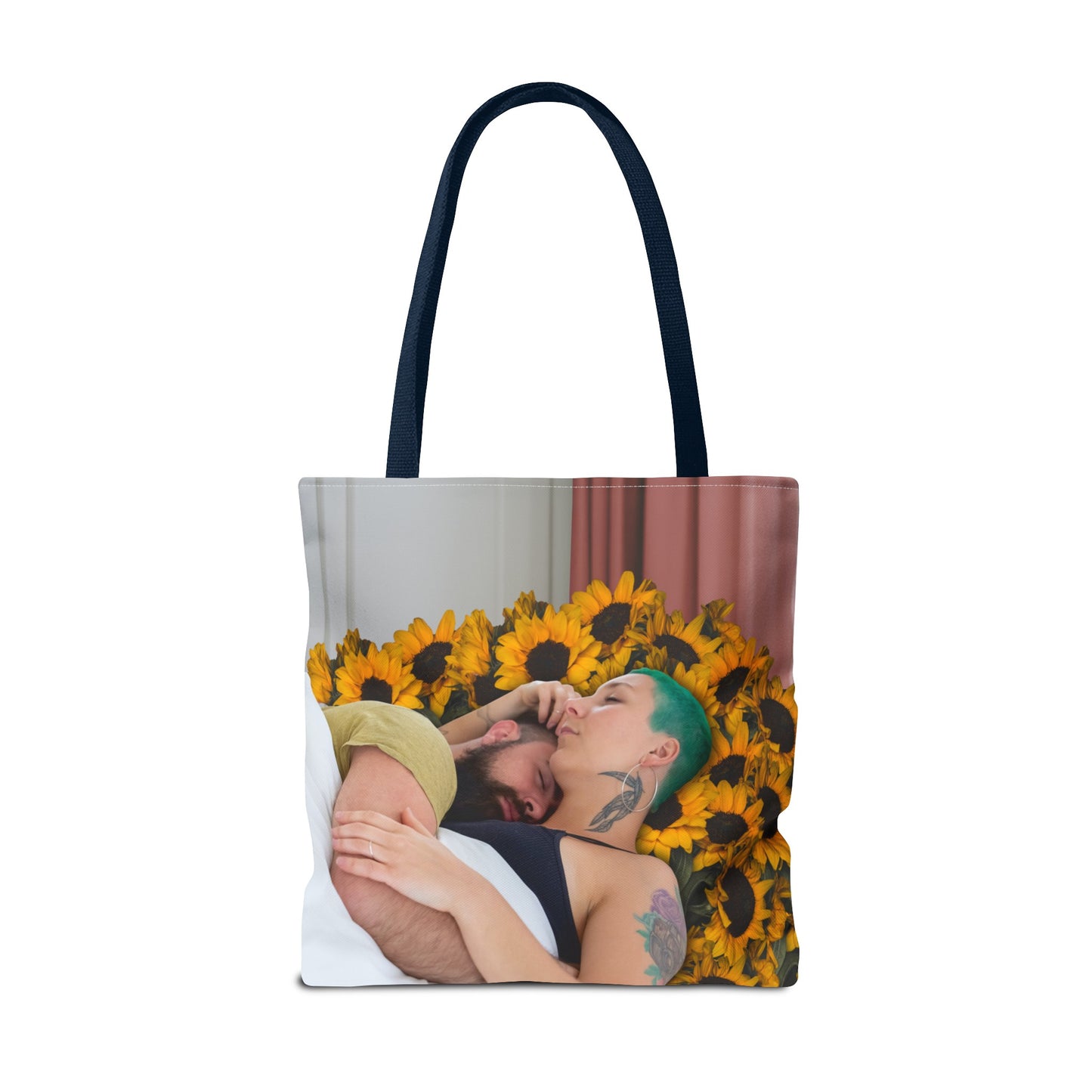 Tranquil Sunflowers Around Cuddling Couple Tote Bag Surreal Art - Loving Design "Sunflowers In Your Room"