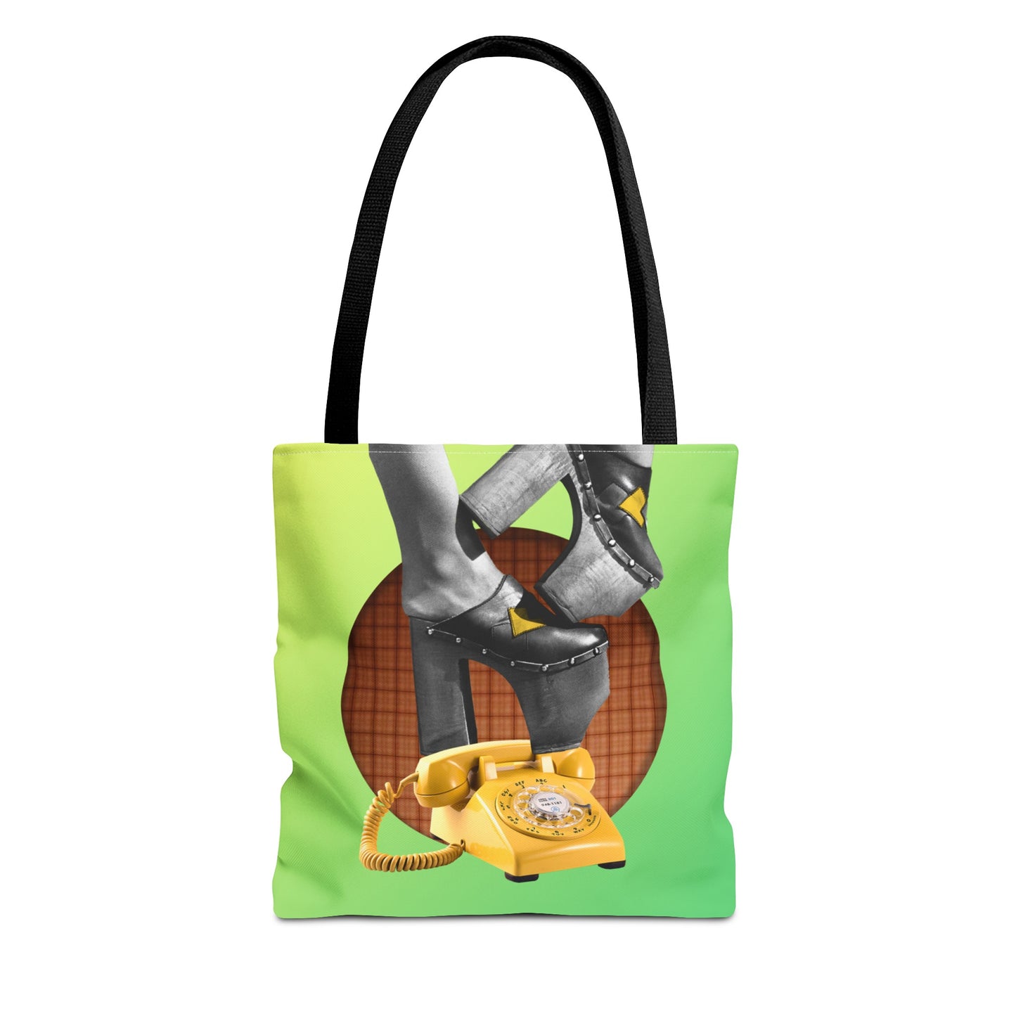 Playful Tote Bag with Collage Art "Hold My Calls" - 70's Platform Shoes and Yellow Rotary Phone