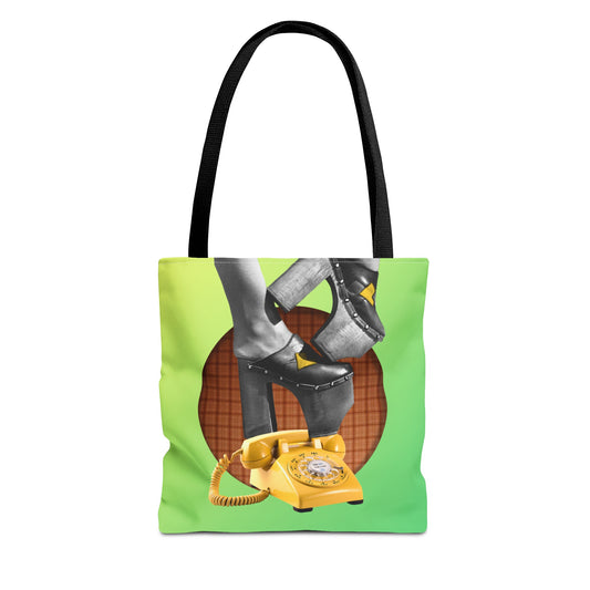 Playful Tote Bag with Collage Art "Hold My Calls" - 70's Platform Shoes and Yellow Rotary Phone