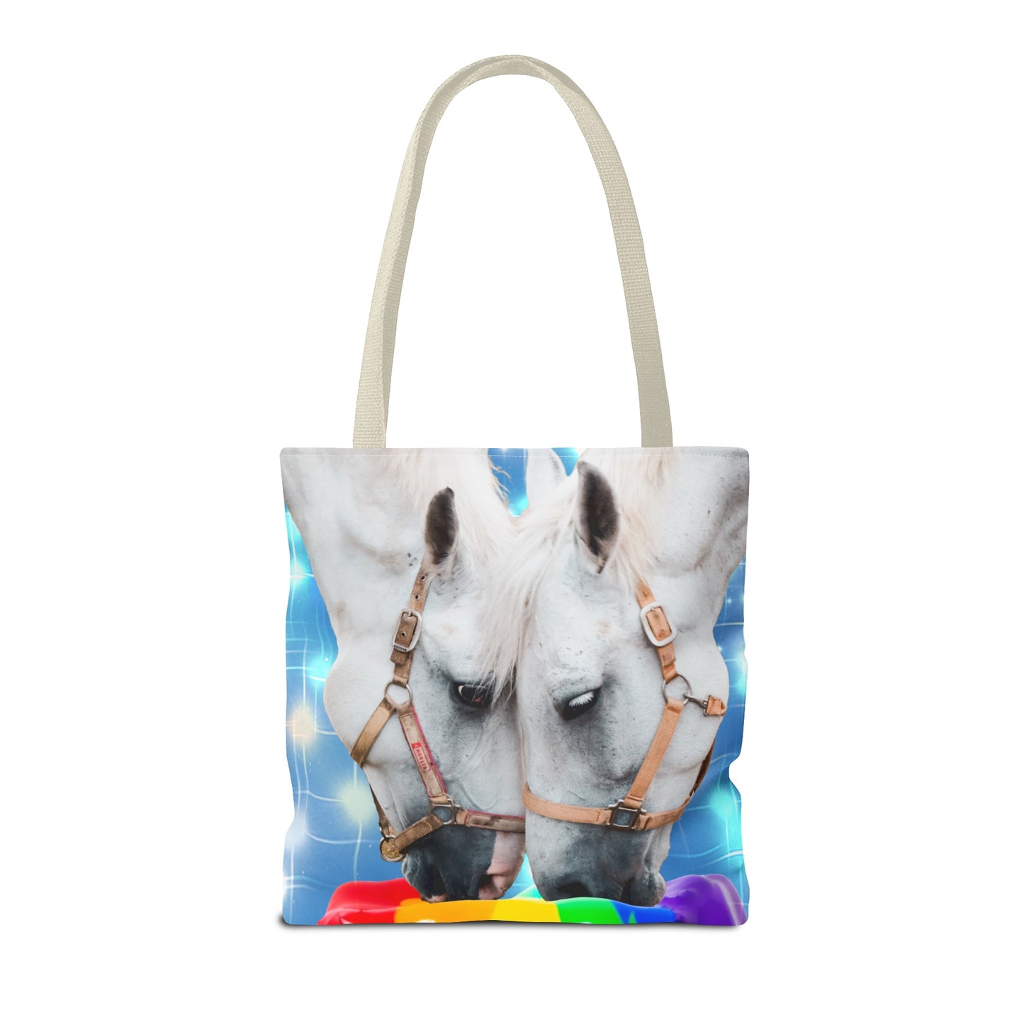 Unique Tote Bag "Pooping Rainbows" Art - White Horses Eating Rainbow Feed