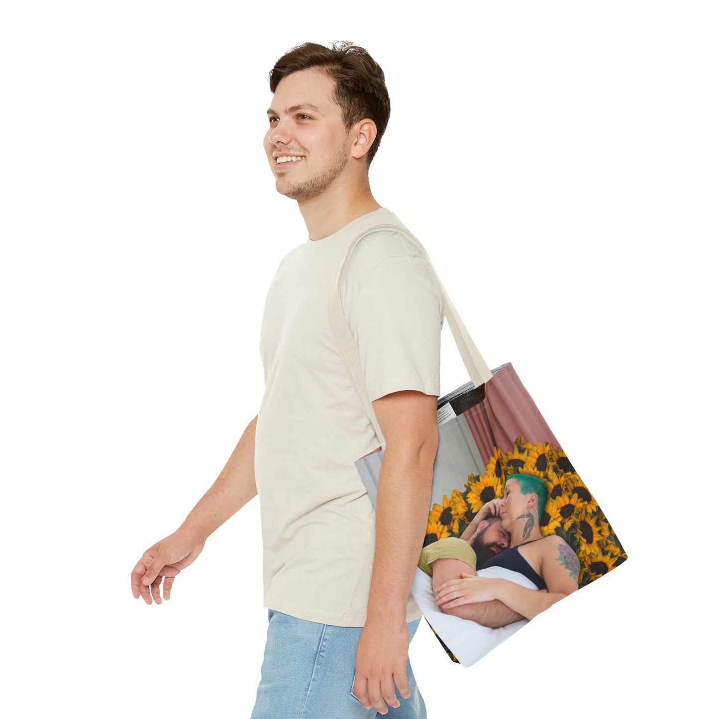 Tranquil Sunflowers Around Cuddling Couple Tote Bag Surreal Art - Loving Design "Sunflowers In Your Room"