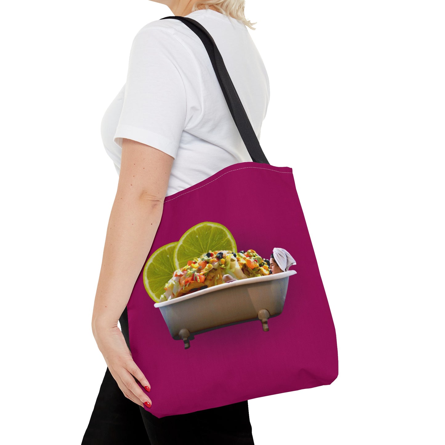 Food Lover's Delight: Woman Soaking in Bathtub with Burrito Tote Bag