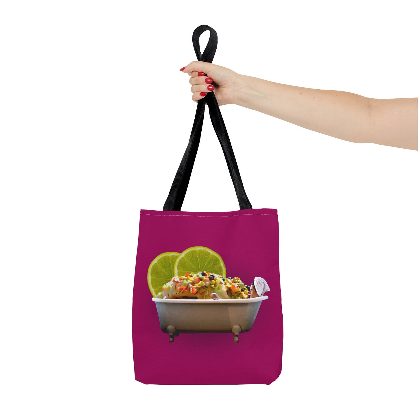 Food Lover's Delight: Woman Soaking in Bathtub with Burrito Tote Bag