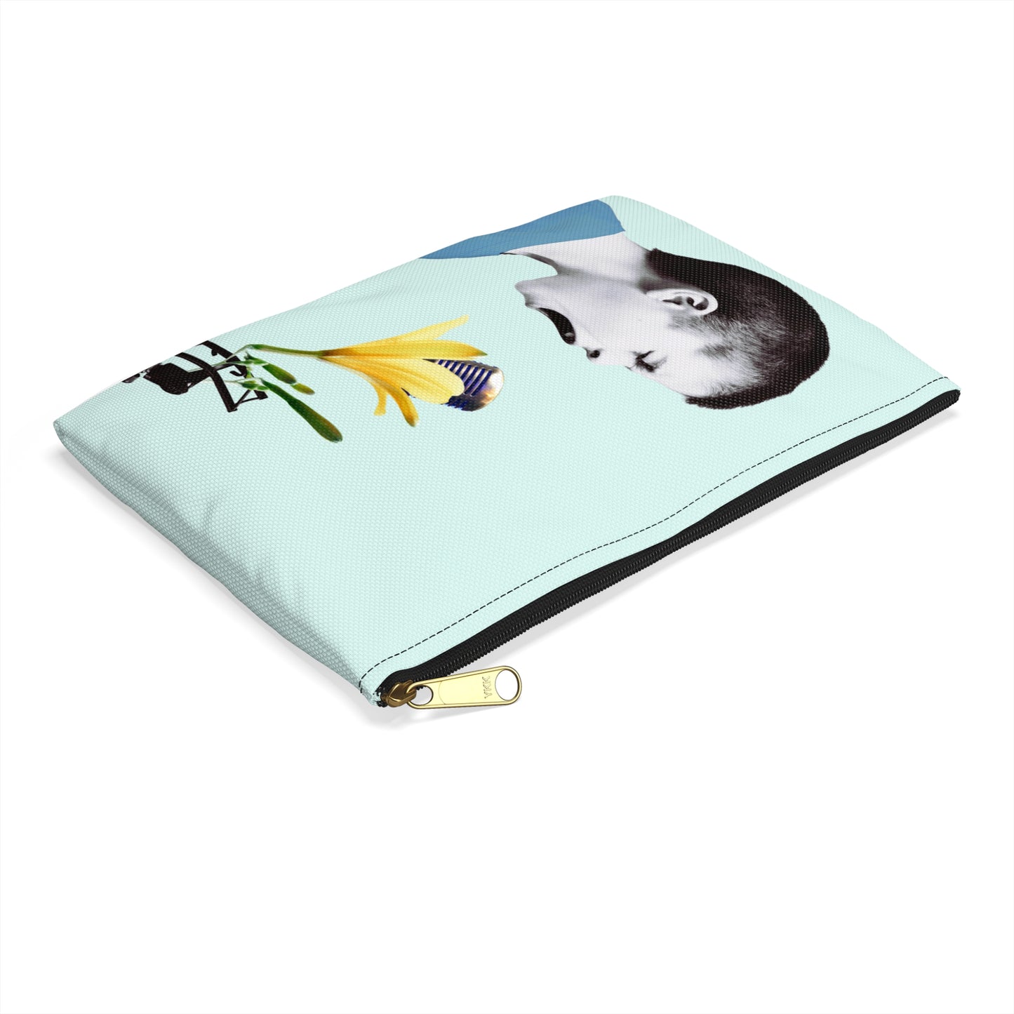 Nature Sounds Collage Art Accessory Pouch with Boy's Whimsical Floral Microphone Serenade