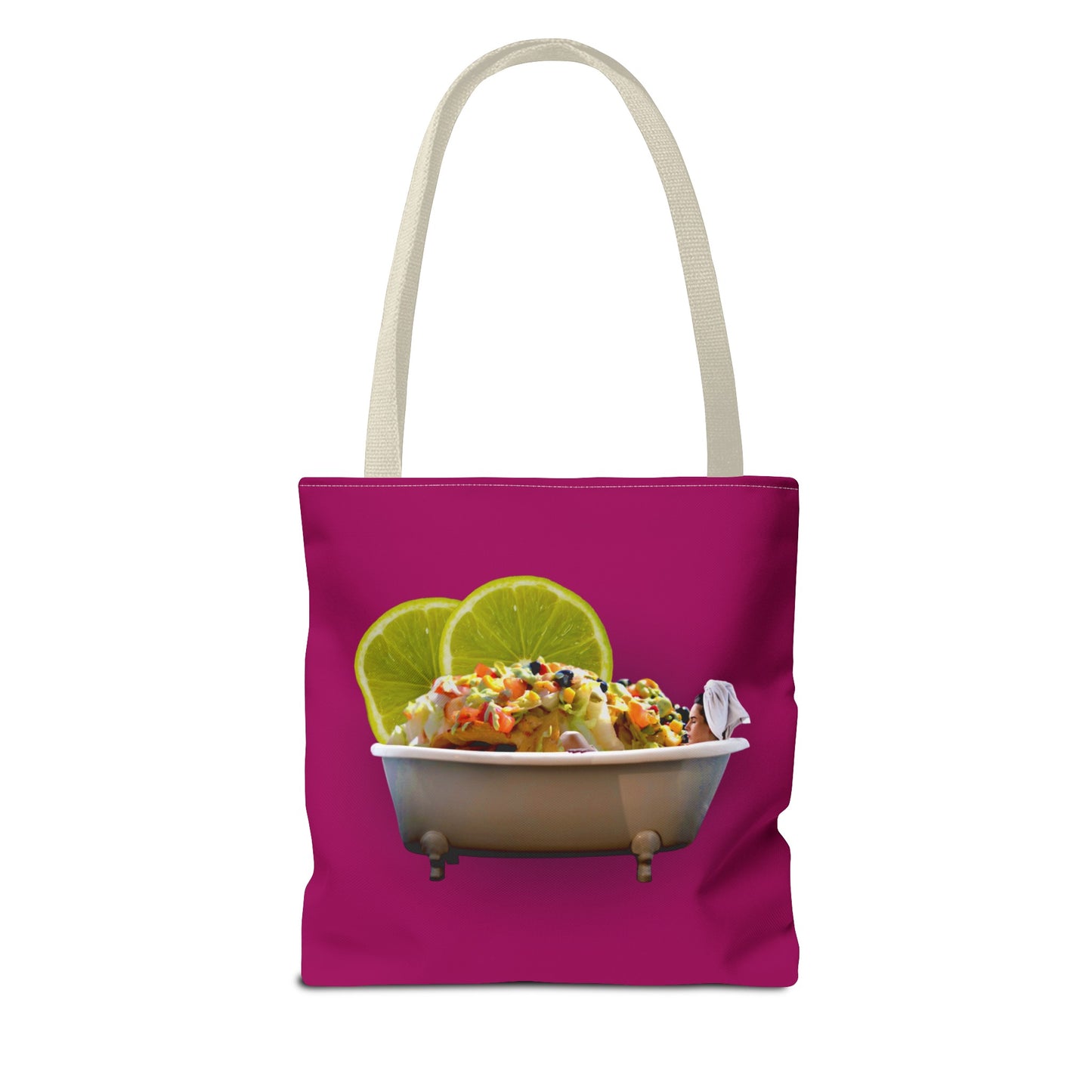 Food Lover's Delight: Woman Soaking in Bathtub with Burrito Tote Bag