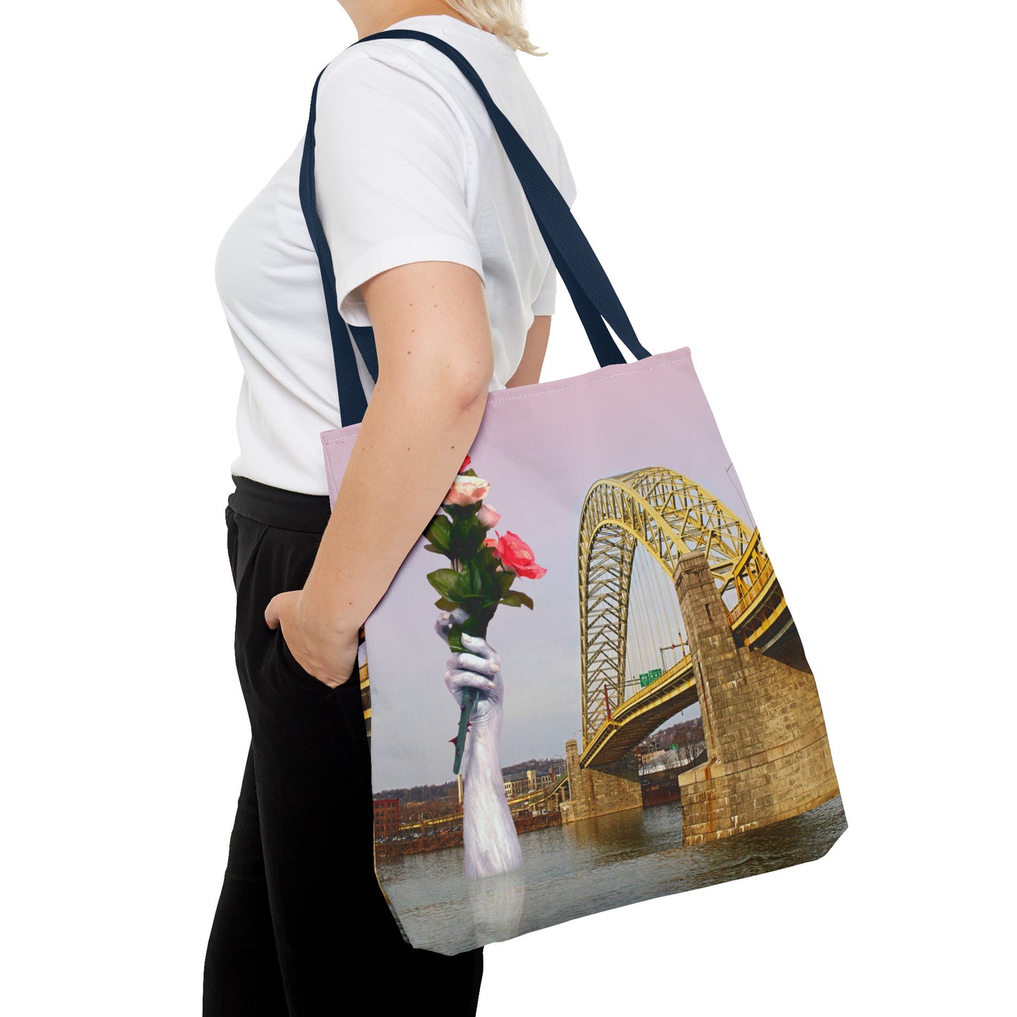 Romantic Tote Bag for Valentine's and Long-Distance Lovers: A Bridge Too Far Design with Flowers