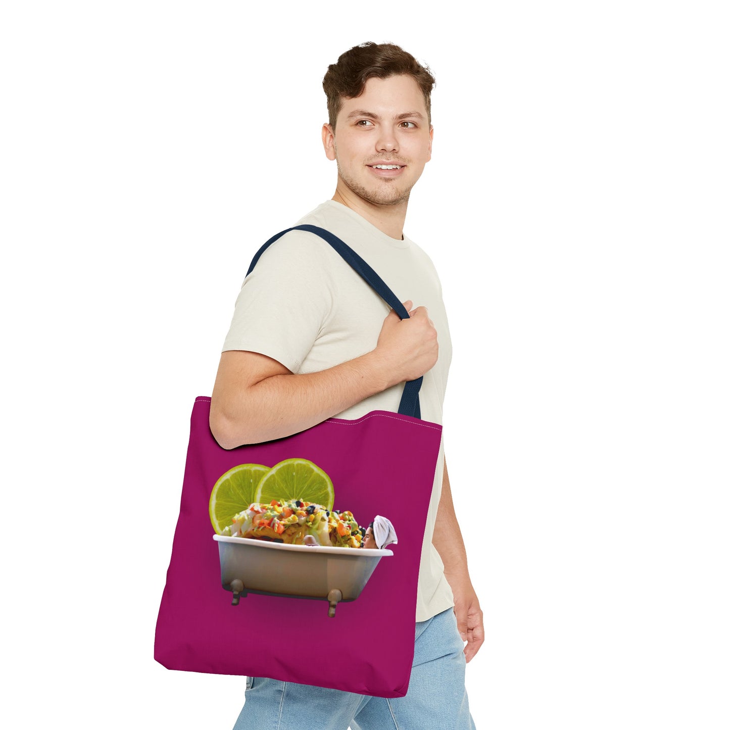Food Lover's Delight: Woman Soaking in Bathtub with Burrito Tote Bag