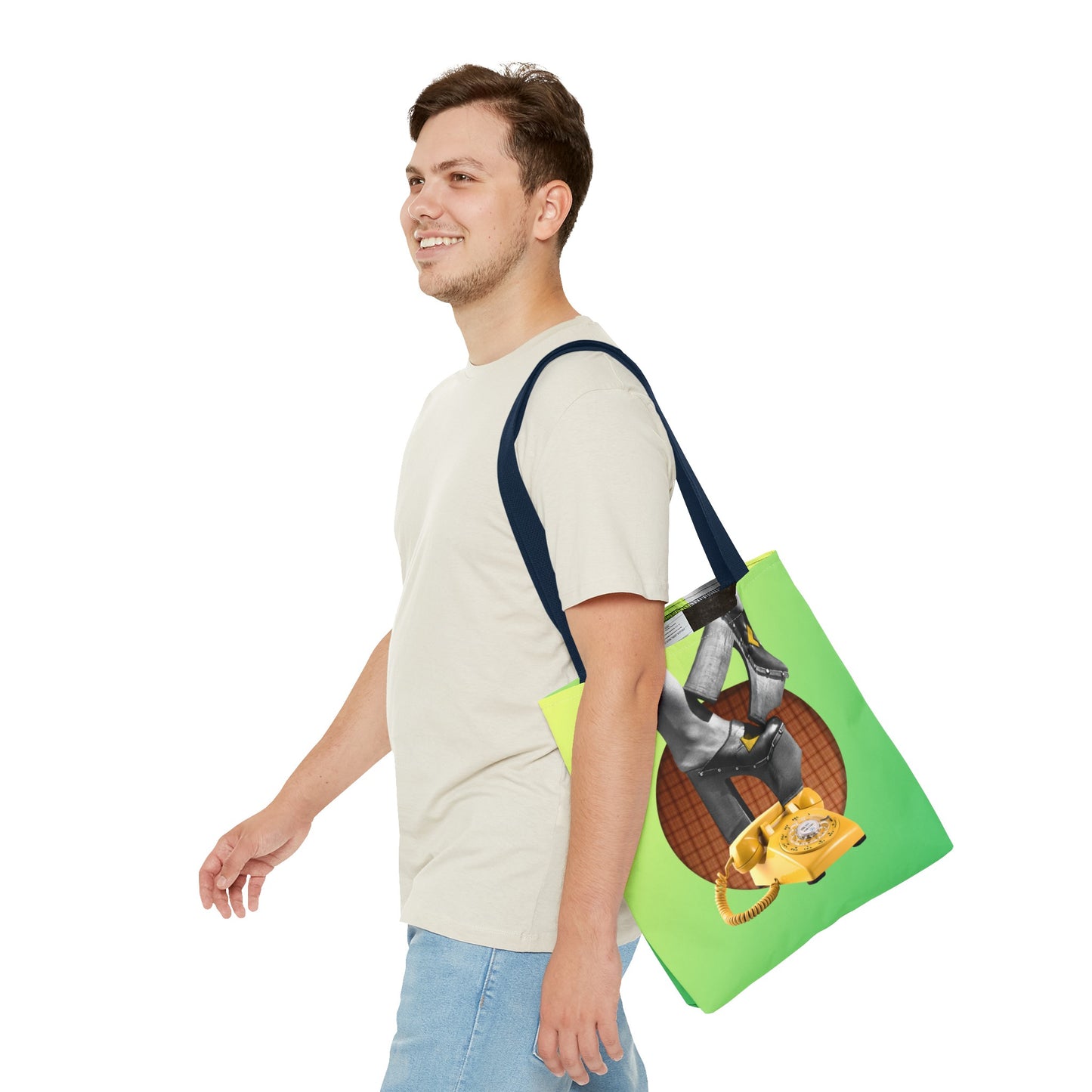 Playful Tote Bag with Collage Art "Hold My Calls" - 70's Platform Shoes and Yellow Rotary Phone