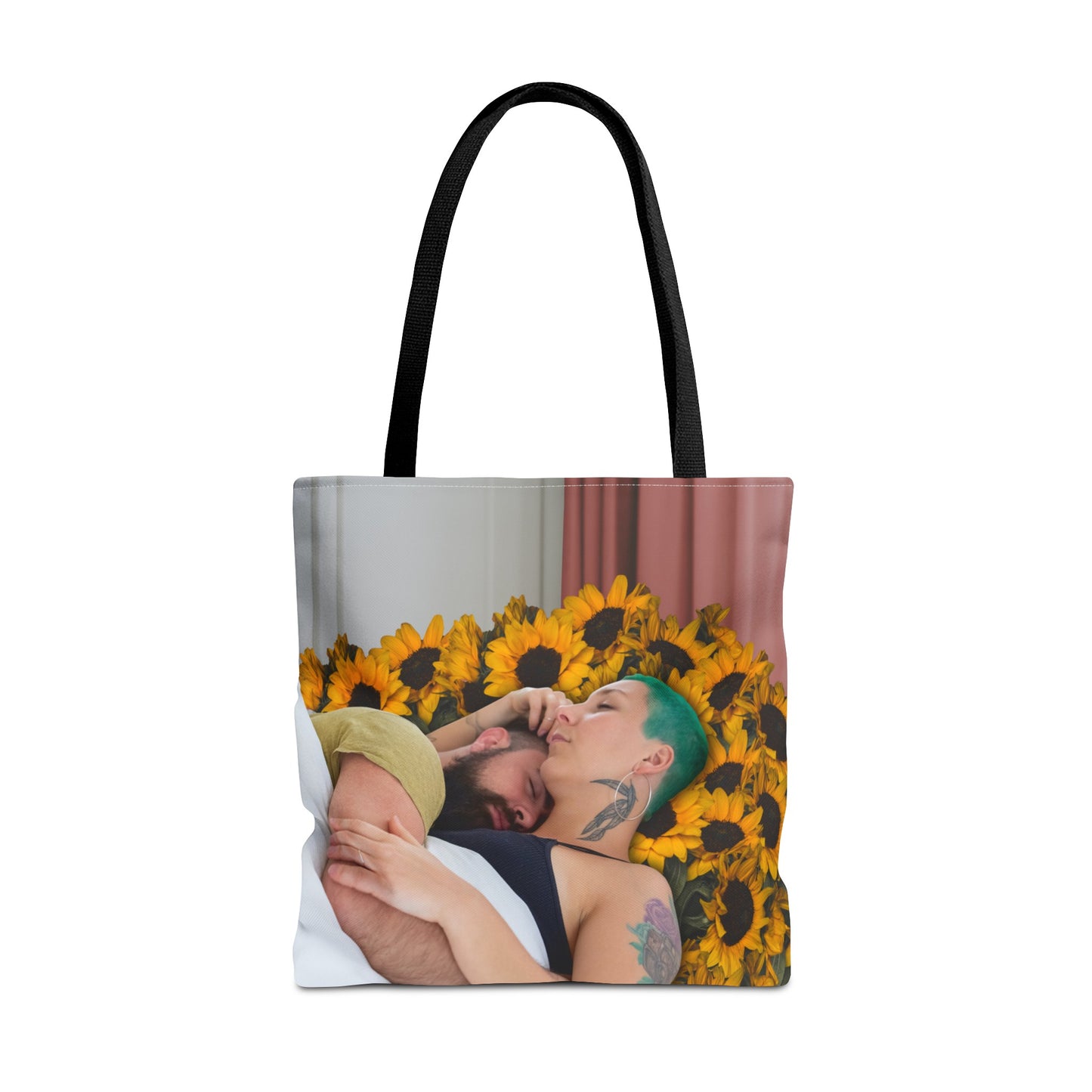 Tranquil Sunflowers Around Cuddling Couple Tote Bag Surreal Art - Loving Design "Sunflowers In Your Room"