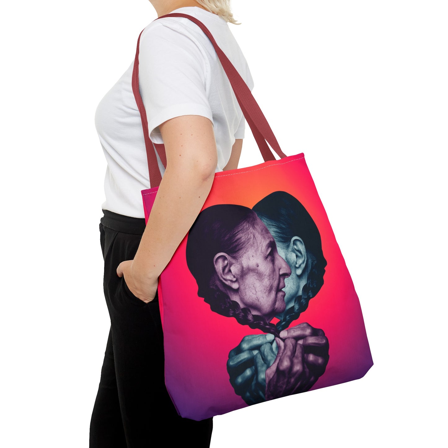 Mesmerizing Collage Art Tote Bag "Keeping Secrets" - Woman Whispering Secret into Her Own Ear