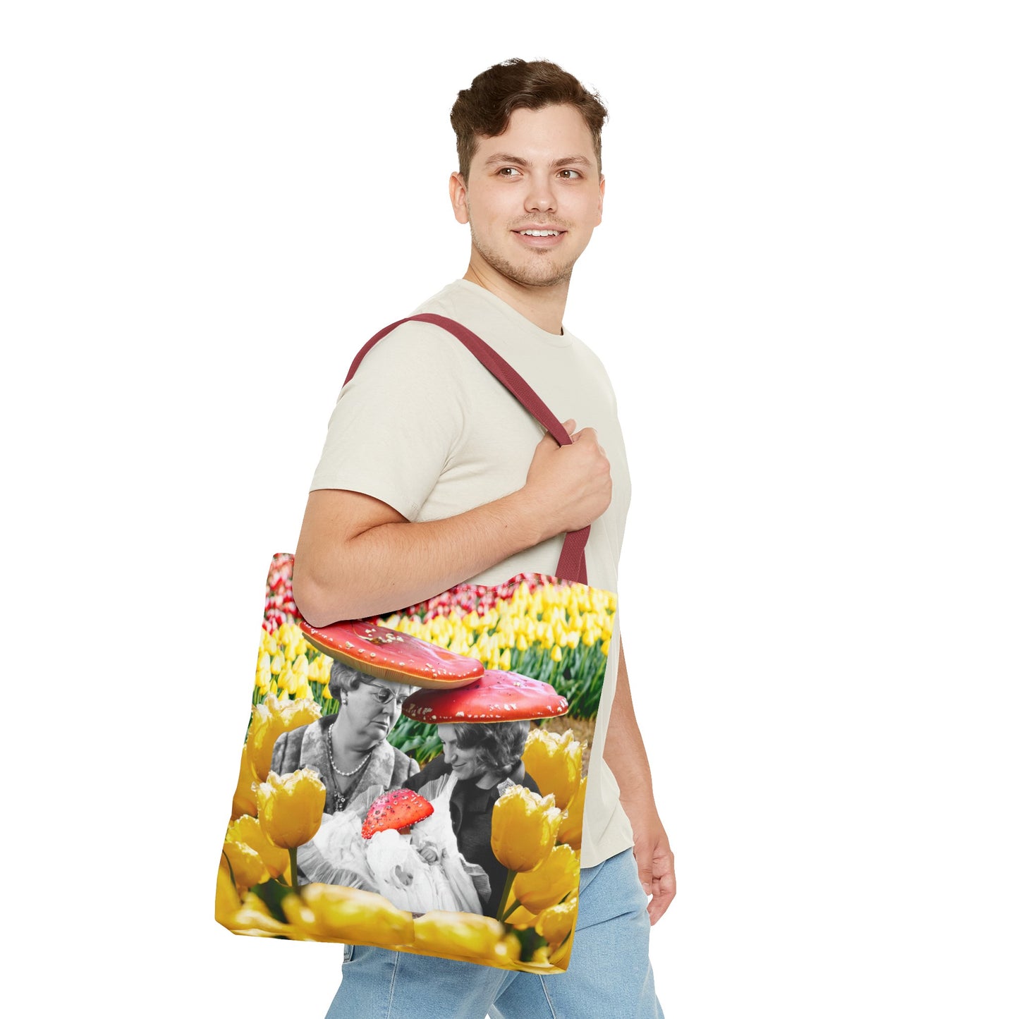 Happy Mushroom Family All Over Print Tote Bag - Surreal Collage Art "Nana's Little Mushroom" in a Field of Tulips