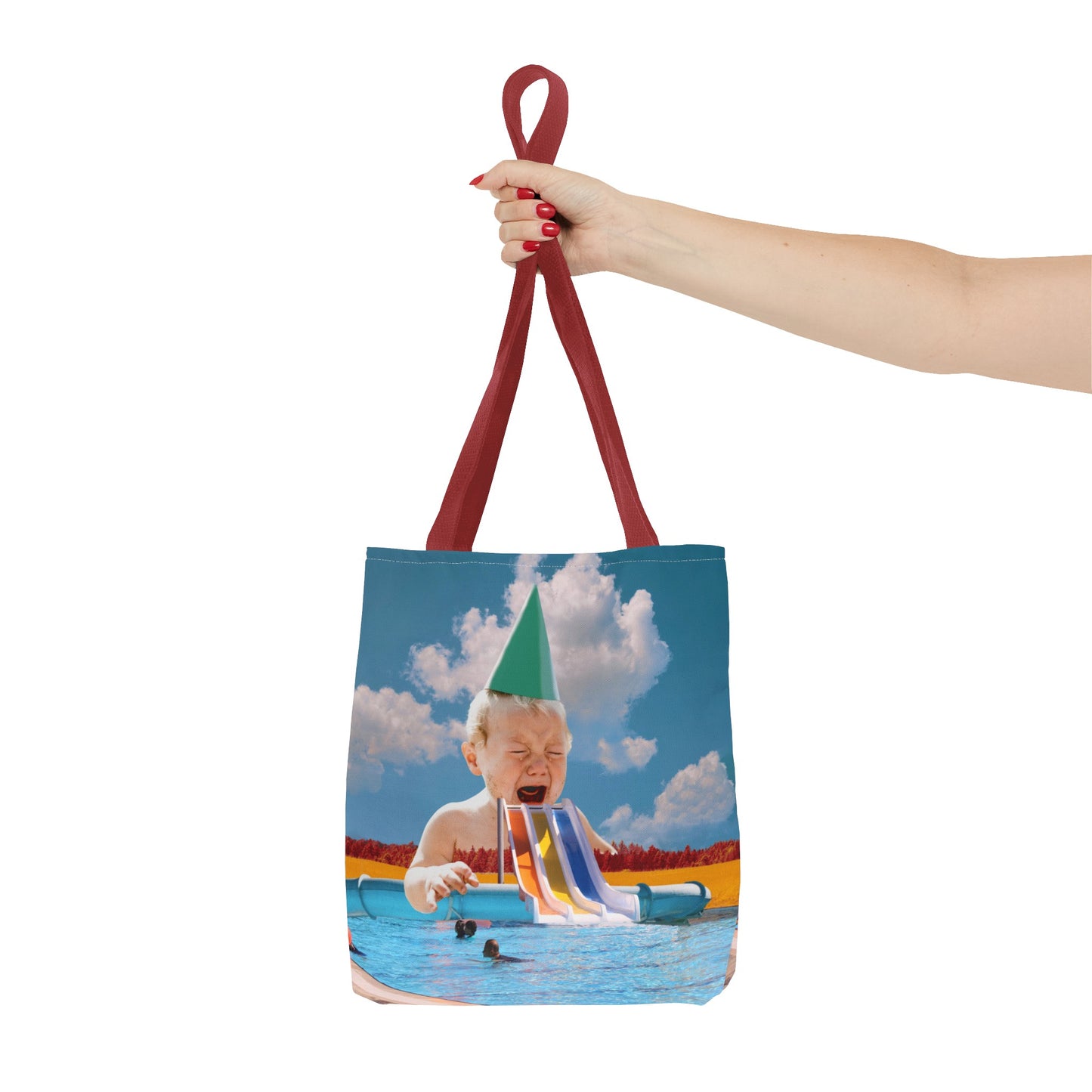 Vibrant Pool Party Beach Tote Bag - Surreal Art Print - Giant Baby and Colorful Pool Slide