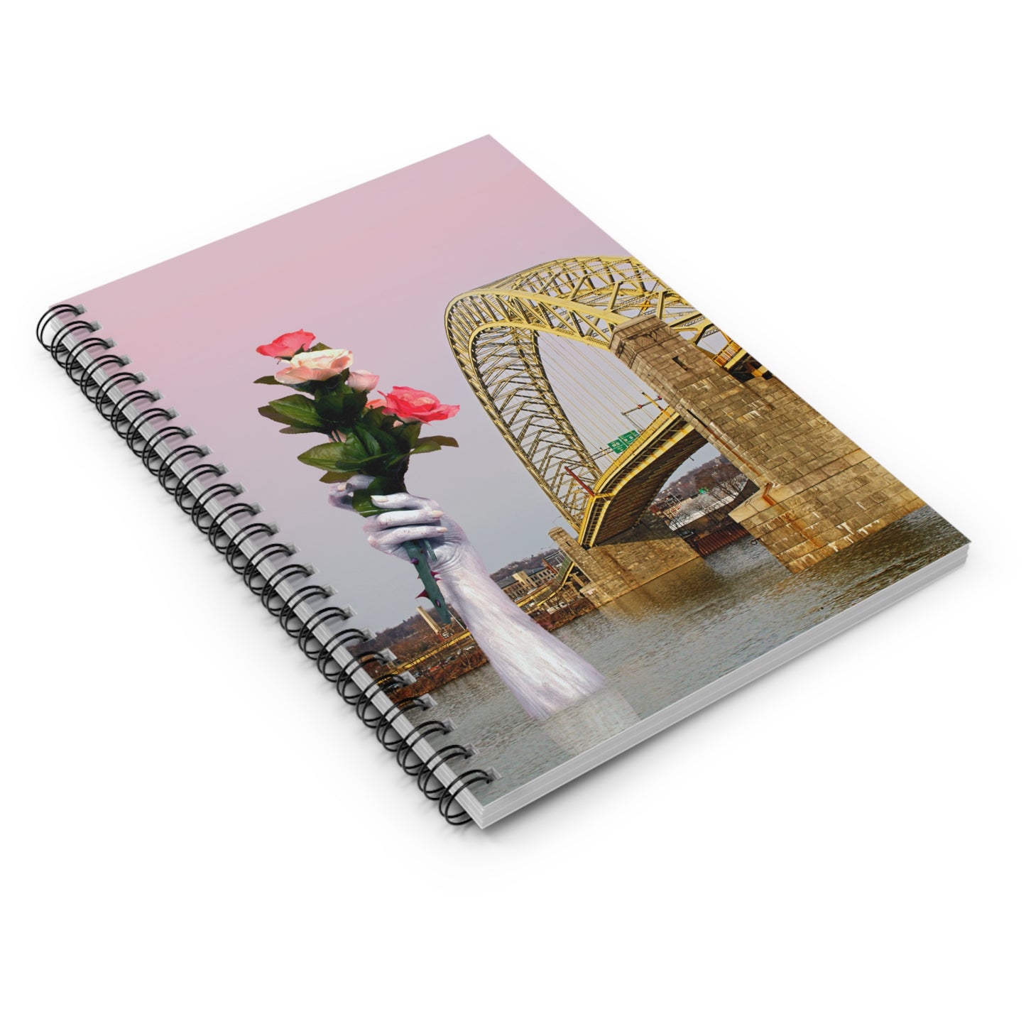 Yellow Bridge Journal with Pink Sky, Perfect Valentine's Day Gift, Spiral Notebook for Romantic Souls and Long Distance Lovers