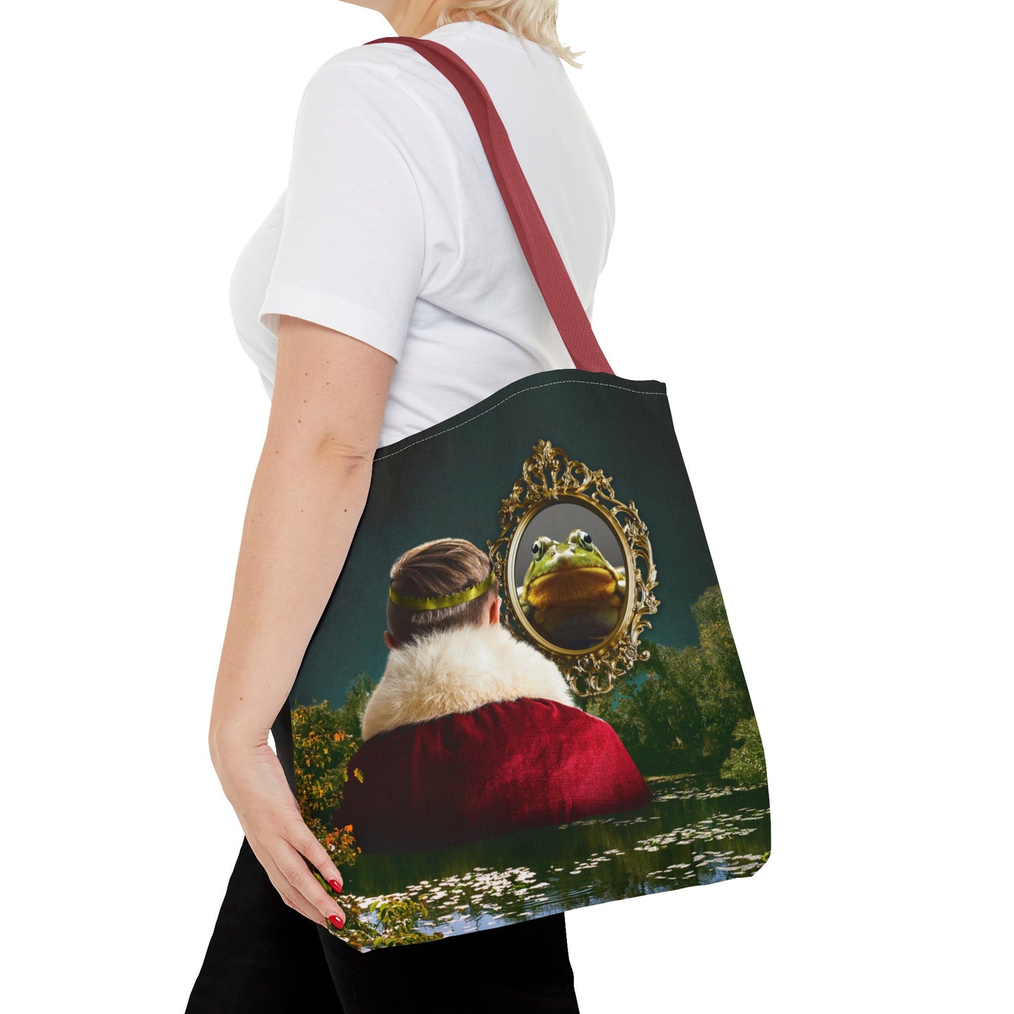 Frog Prince Reflection Tote Bag - Mystic Wetlands Collage Art Print