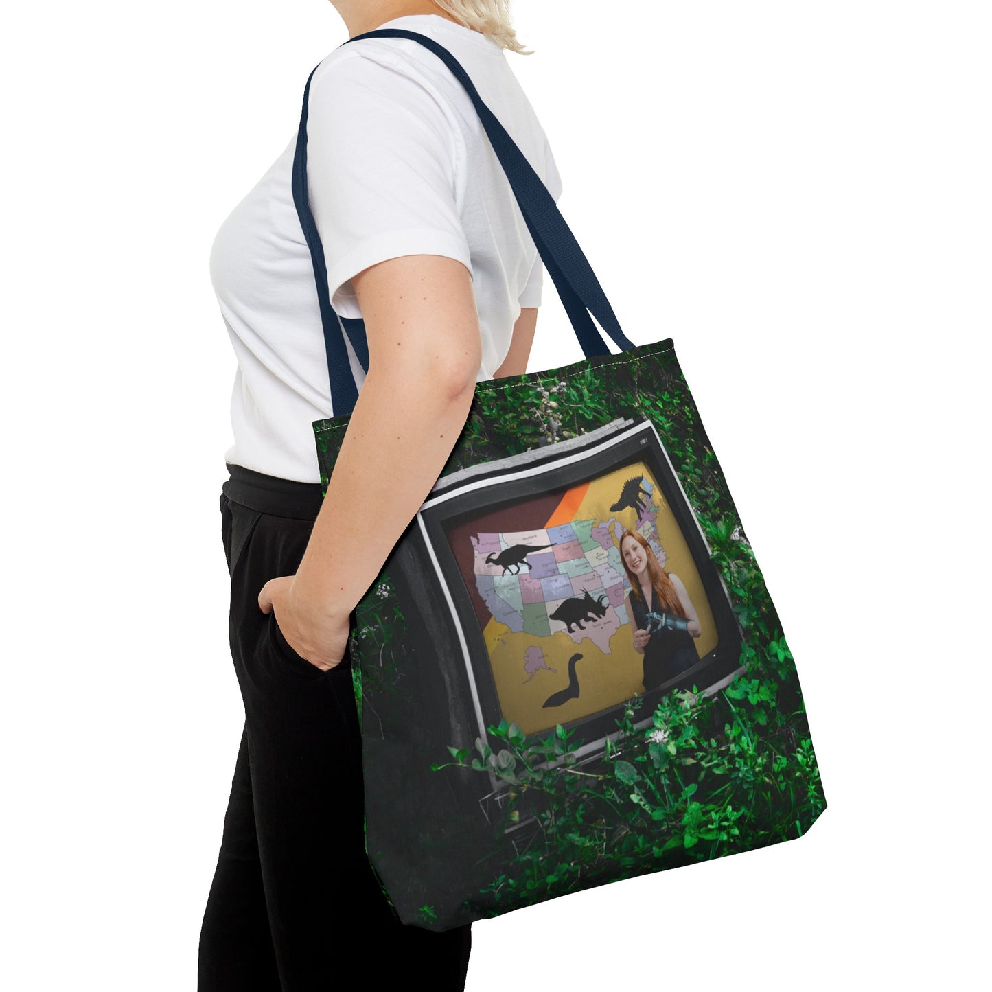 Unique Dystopian TV Scene Tote Bag with Weather Girl & Dinosaurs Map