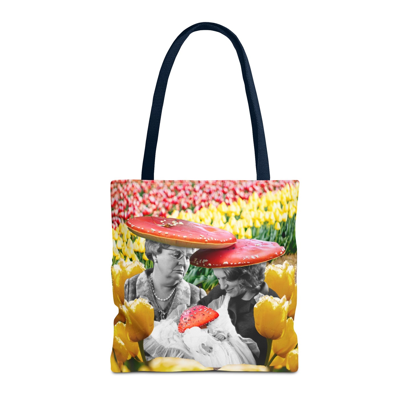 Happy Mushroom Family All Over Print Tote Bag - Surreal Collage Art "Nana's Little Mushroom" in a Field of Tulips