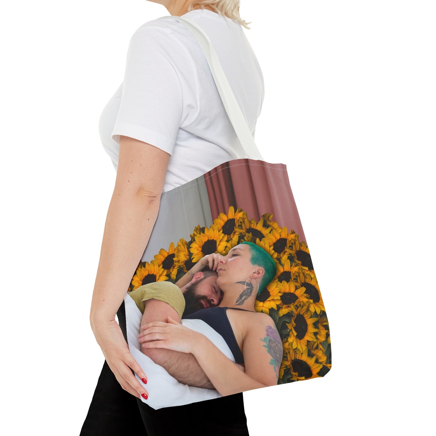 Tranquil Sunflowers Around Cuddling Couple Tote Bag Surreal Art - Loving Design "Sunflowers In Your Room"