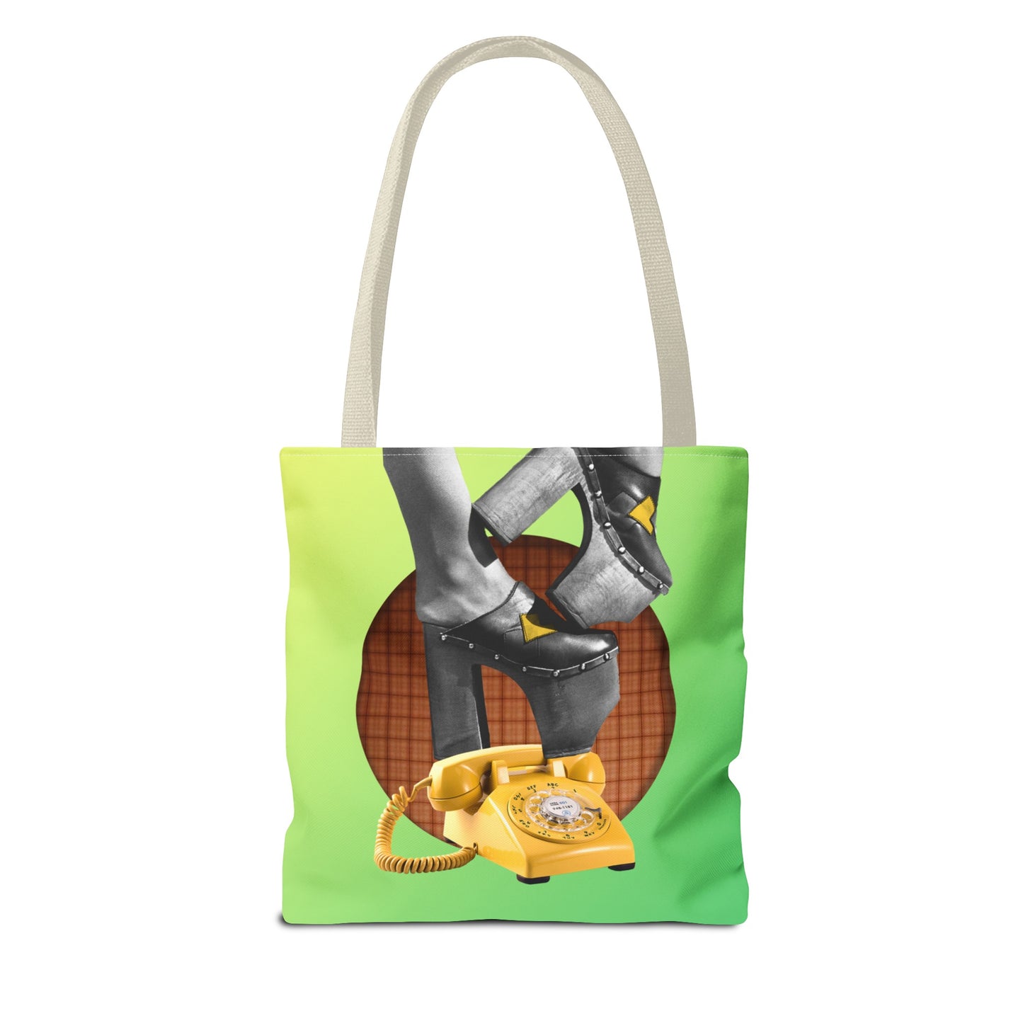 Playful Tote Bag with Collage Art "Hold My Calls" - 70's Platform Shoes and Yellow Rotary Phone