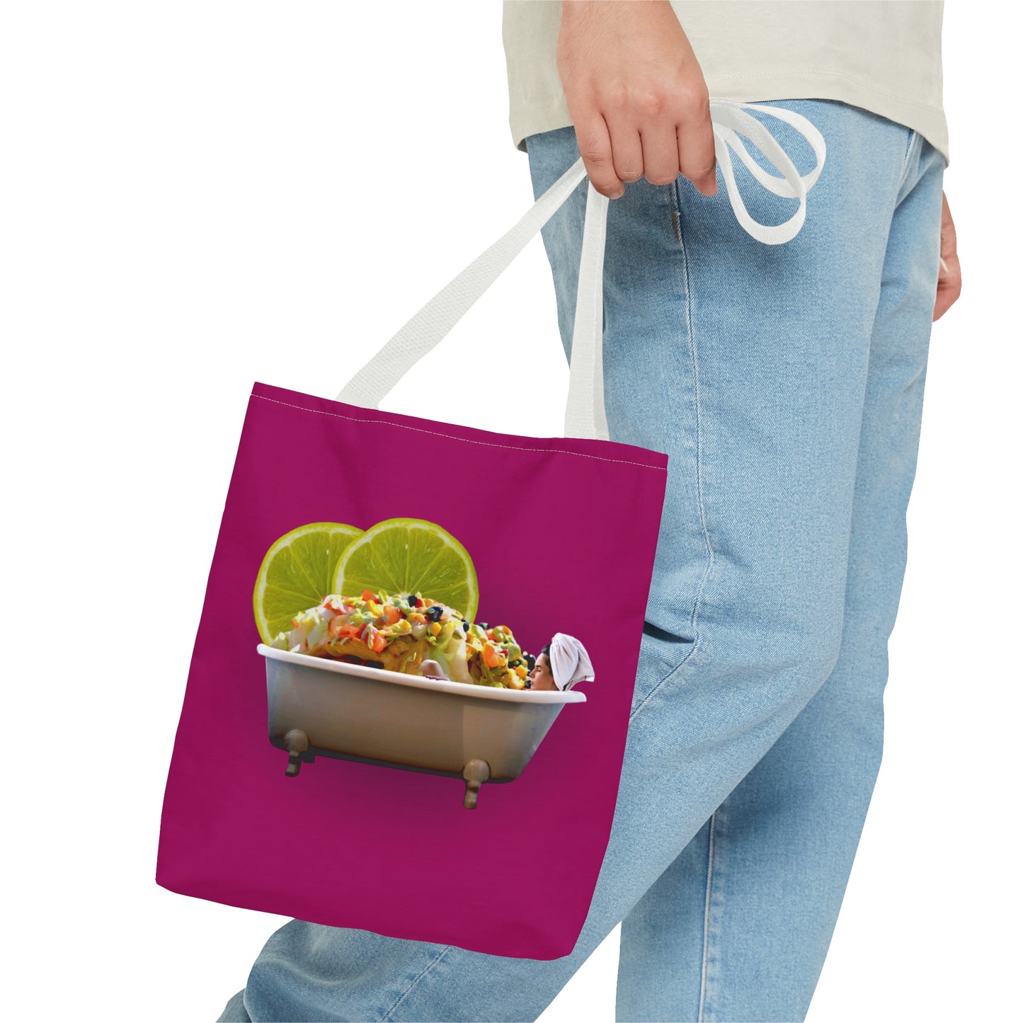Food Lover's Delight: Woman Soaking in Bathtub with Burrito Tote Bag