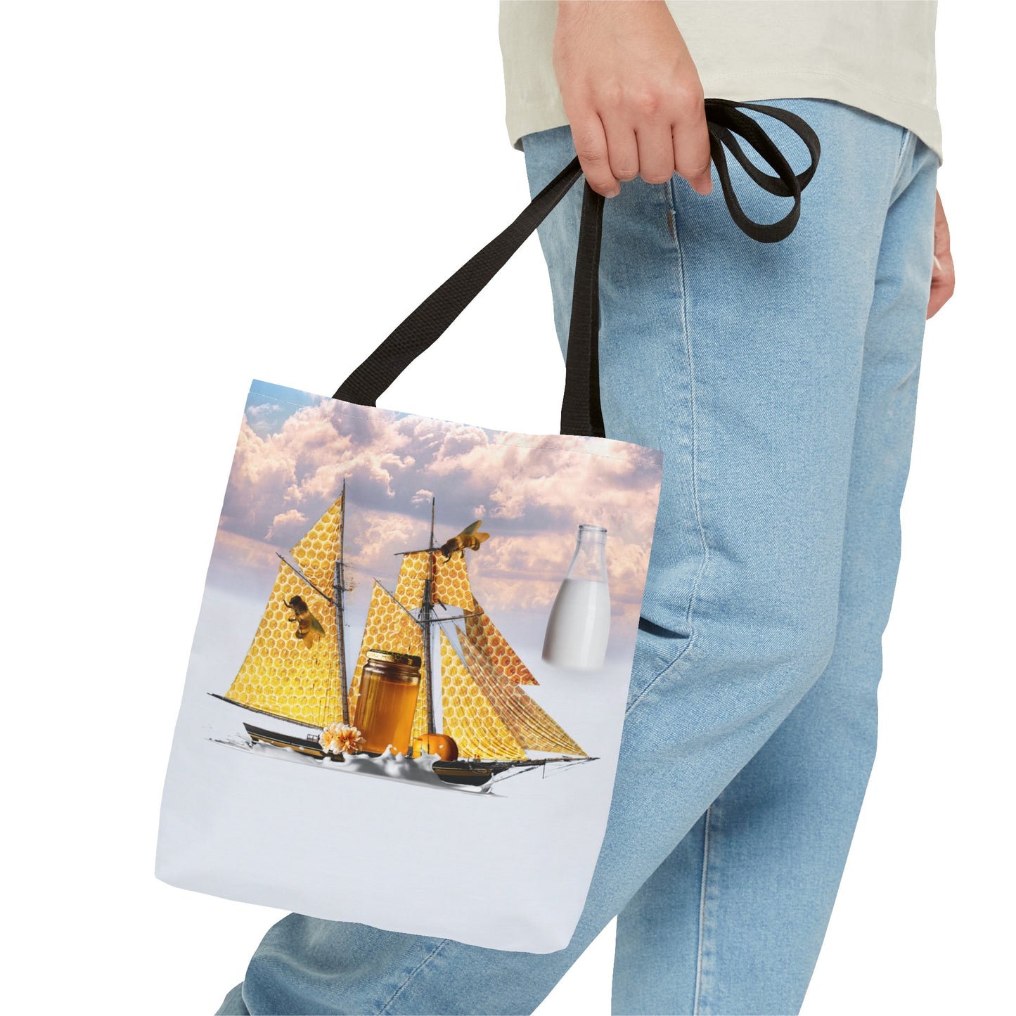 Tote Bag, Bees at Sea on Honeycomb Ship 'Milk & Honey' Surreal Whimsical Collage Art