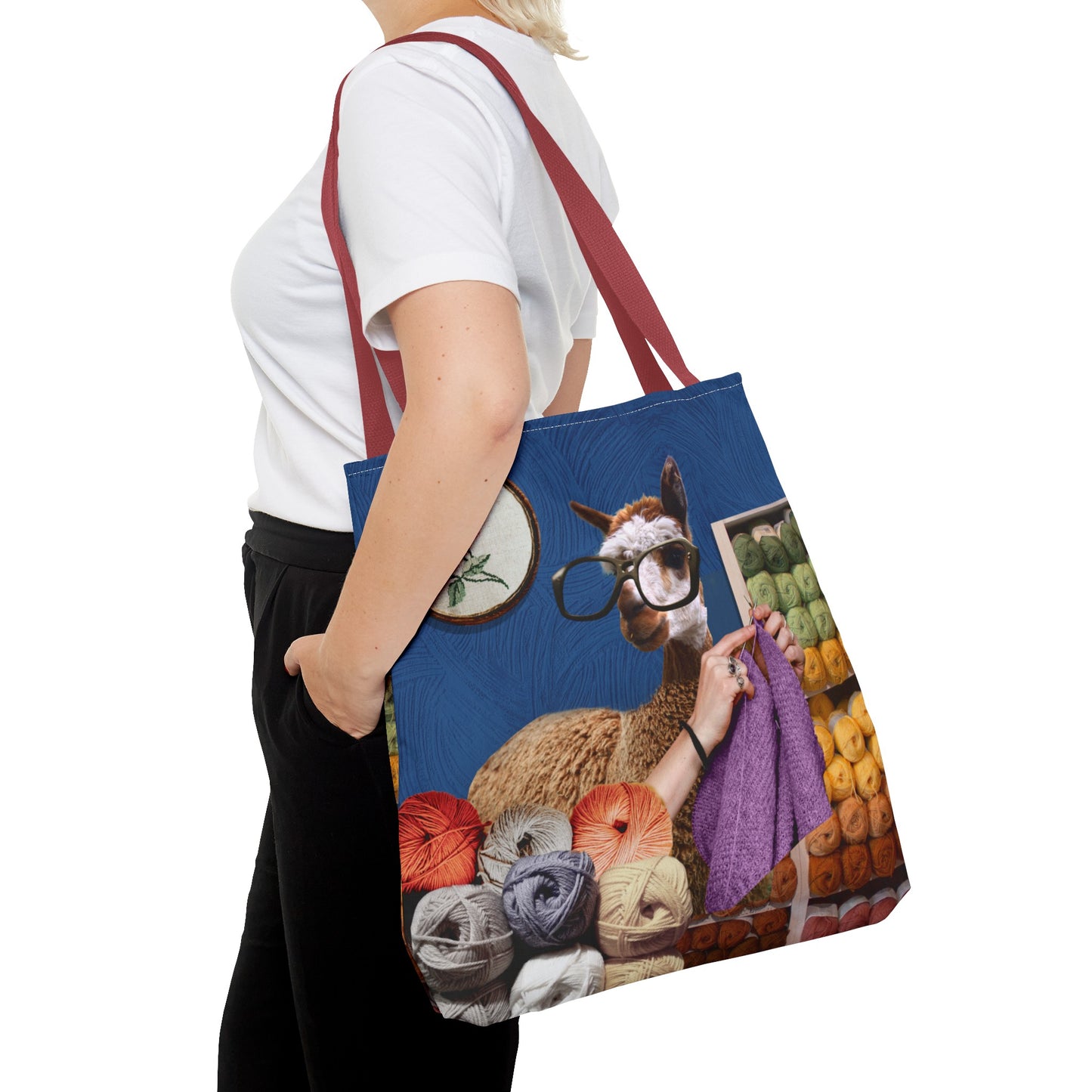 Whimsical Funky Llama Tote Bag: "Llama Tried" - Wearing Glasses and Knitting in Yarn Shop