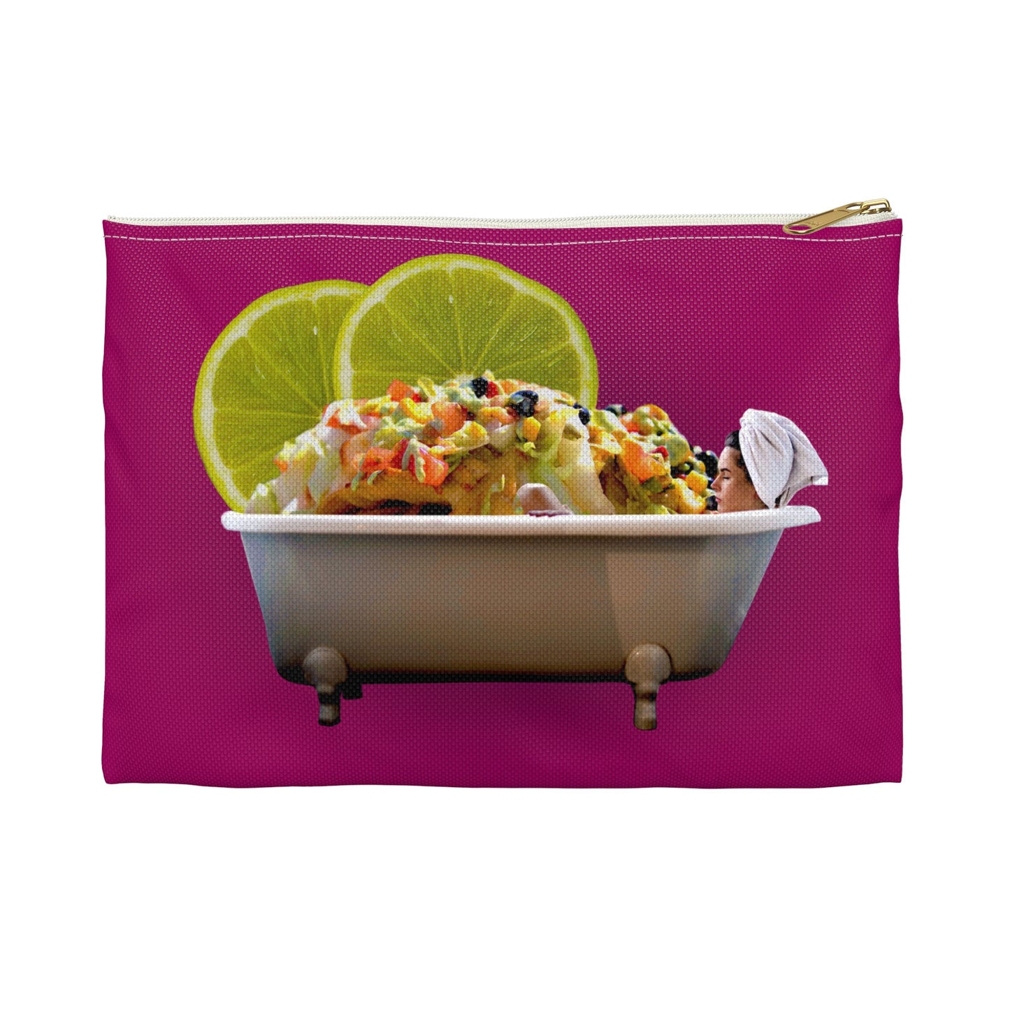 Food Lover's Delight Accessory Pouch - Woman Soaking in Bathtub with Burrito and Lime Wedges