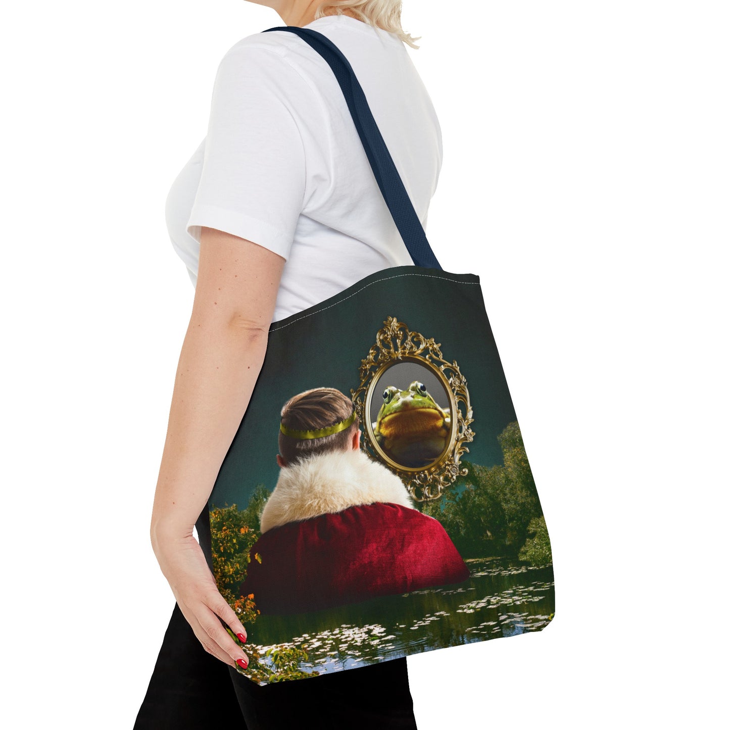 Frog Prince Reflection Tote Bag - Mystic Wetlands Collage Art Print