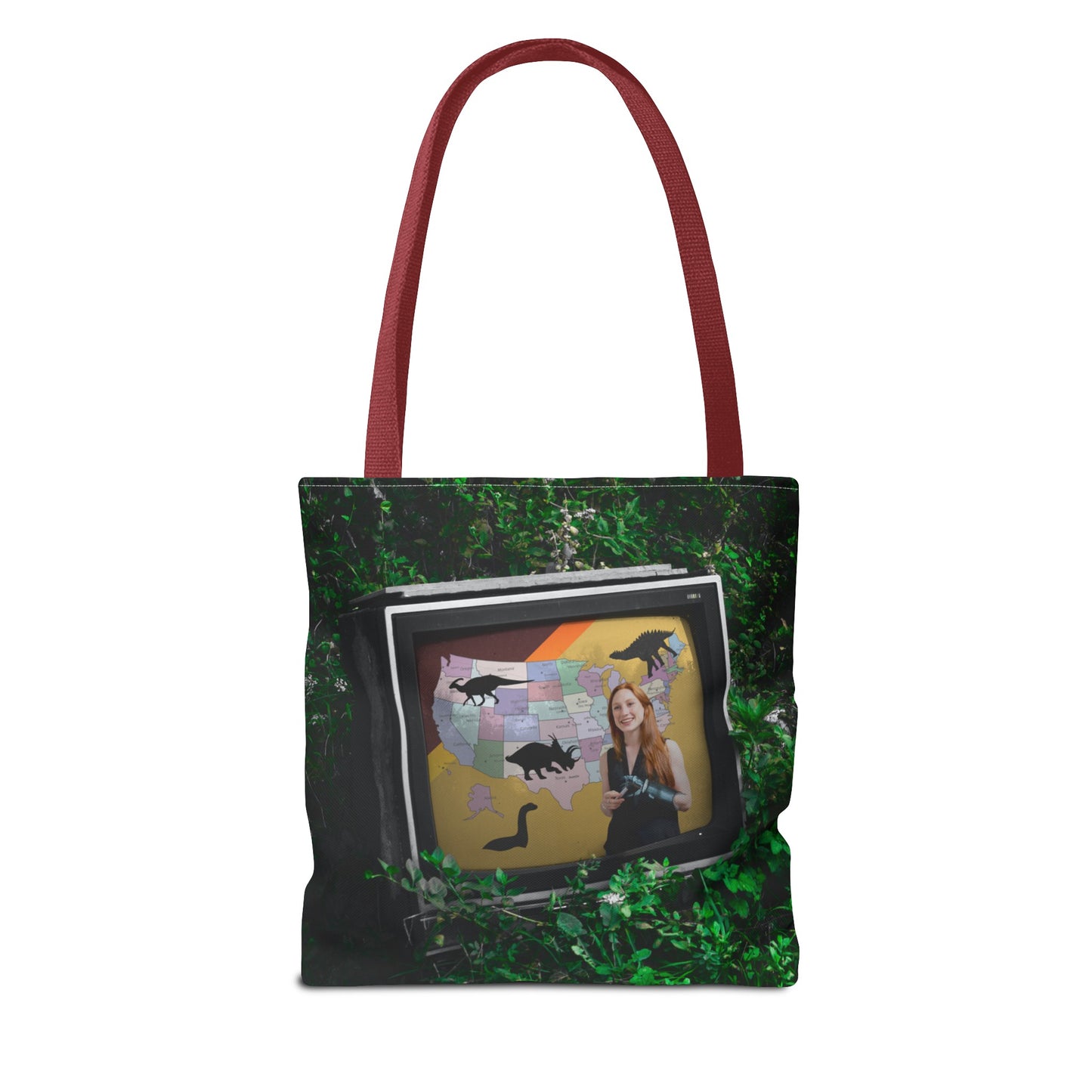 Unique Dystopian TV Scene Tote Bag with Weather Girl & Dinosaurs Map