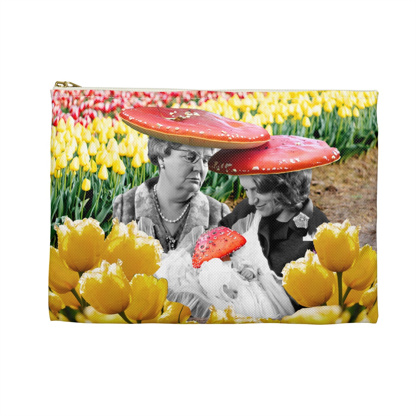 Happy Mushroom Family Accessory Pouch - Surreal Collage Art "Nana's Little Mushroom" in a Field of Tulips