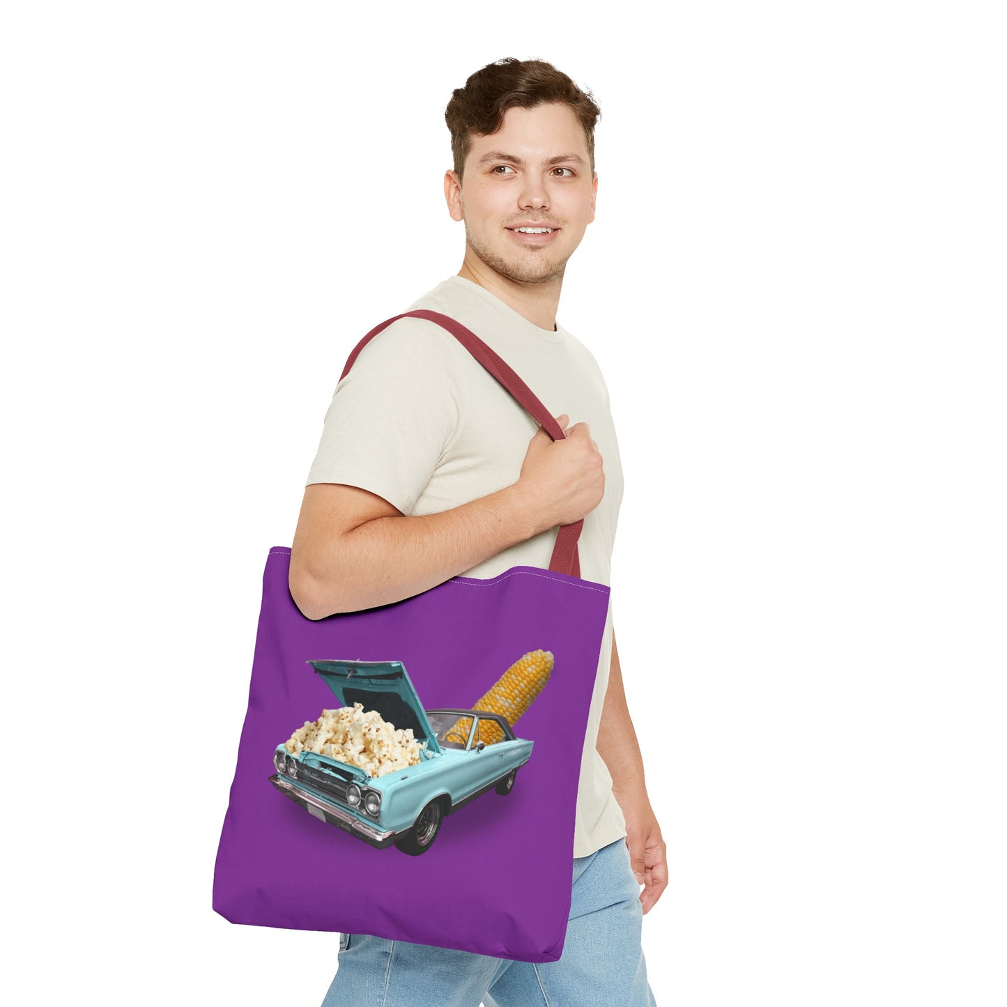Quirky Tote Bag with Surreal Popcorn Car Art Print - Poppin' Ride