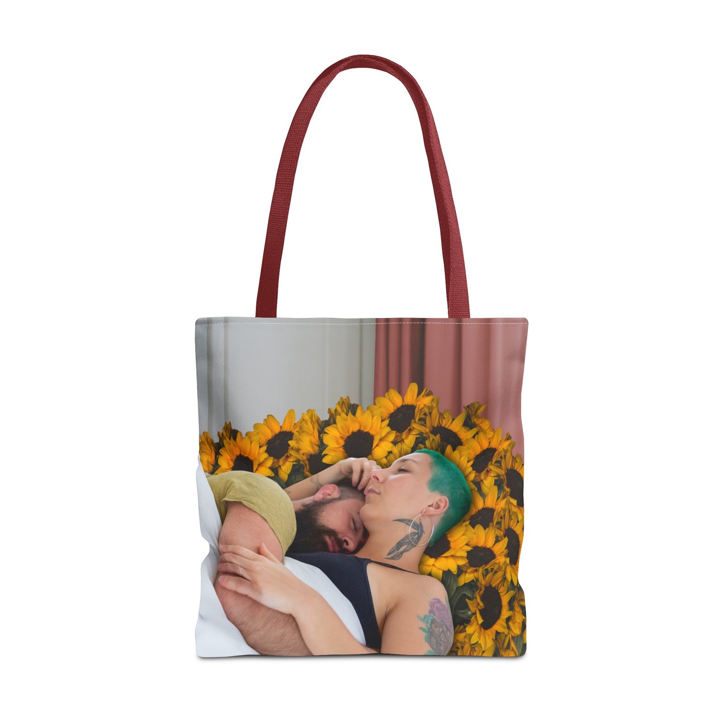 Tranquil Sunflowers Around Cuddling Couple Tote Bag Surreal Art - Loving Design "Sunflowers In Your Room"