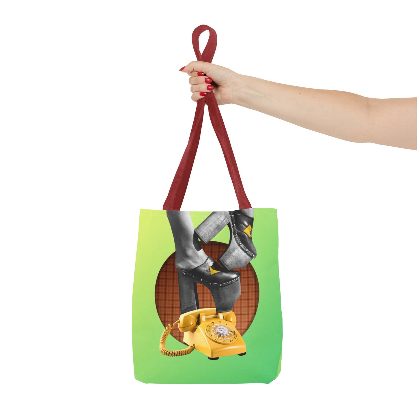 Playful Tote Bag with Collage Art "Hold My Calls" - 70's Platform Shoes and Yellow Rotary Phone