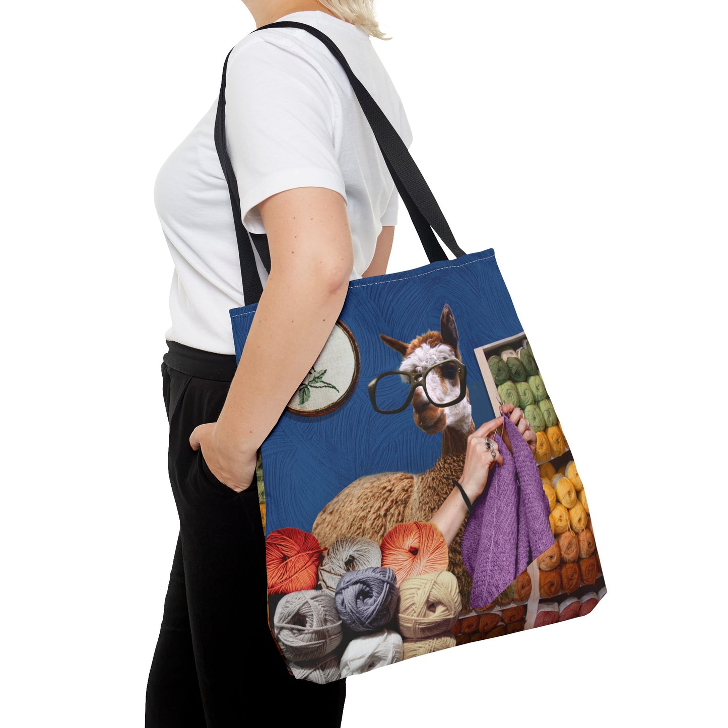 Whimsical Funky Llama Tote Bag: "Llama Tried" - Wearing Glasses and Knitting in Yarn Shop