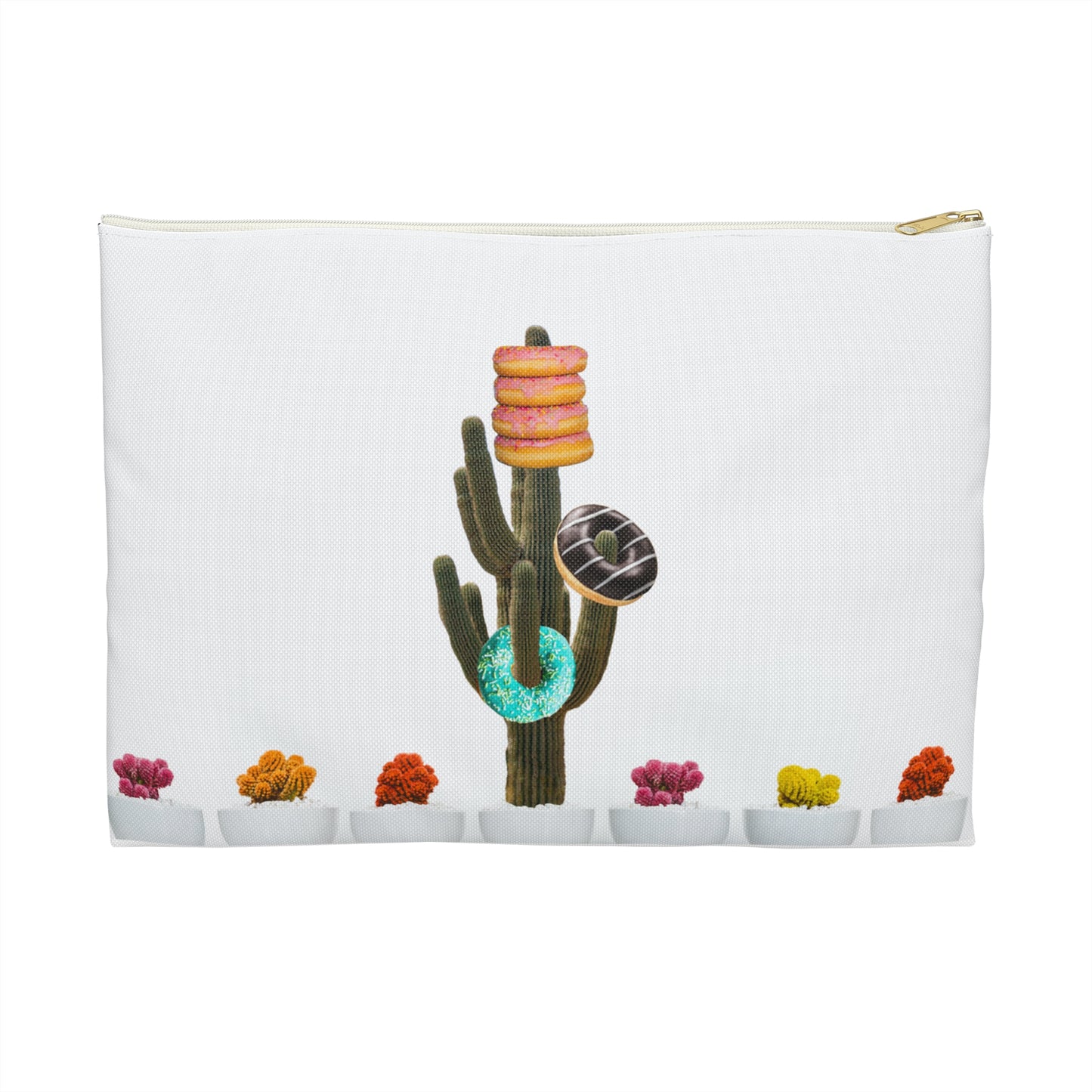 Unique Accessory Pouch Featuring 'Giving Tree' Collage Art with Colorful Donut Cactus Design